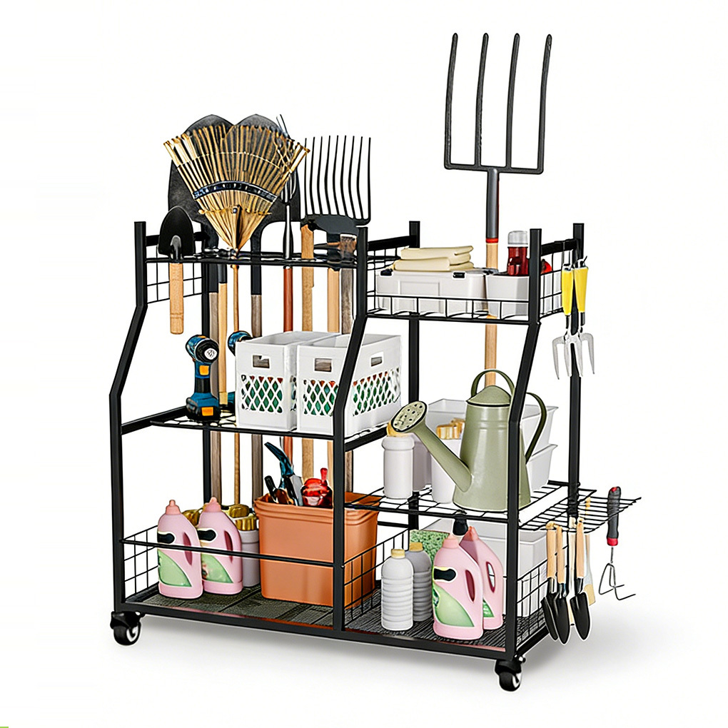 Image of Garden Tool Storage Rack, Garden Tool Organiser, No , Equipped With Swivel Casters, With Handy Hooks For Tools Such As Rakes, Brooms, Etc Metal Garden Rack