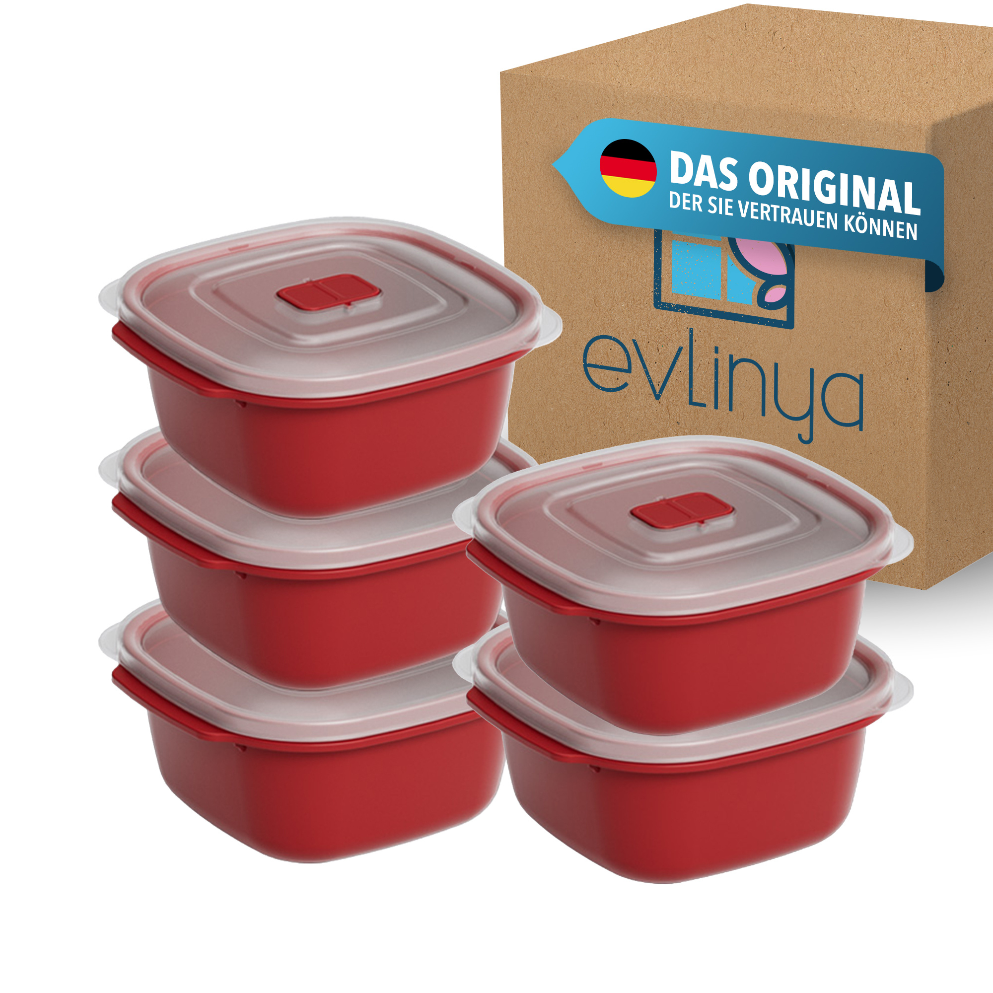 Evlinya Heat’ Microwave Boxes 5-piece Set, 1100 Ml Red, Prep Containers With Lid And Click Steam Vent, Stackable Lunch Boxes For Lunch, Bowls, Storage, And Preservation