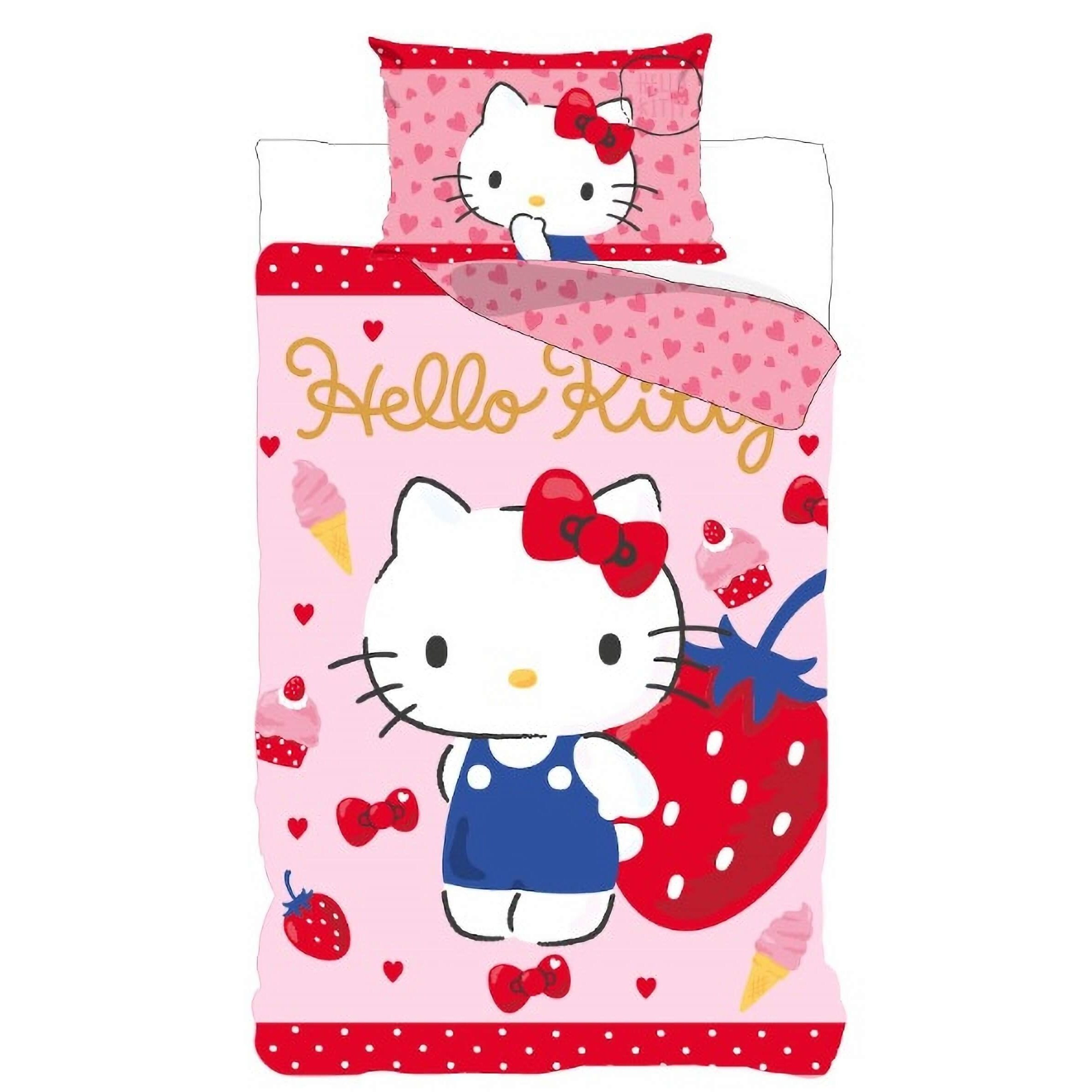 Image of Hello Kitty "strawberry" Wende-bed Sheet Set Bed Cover 135x200 Pillowcase 80x80 German Size Single Bed 100% Girl Bedding Strawberry Children Bedding