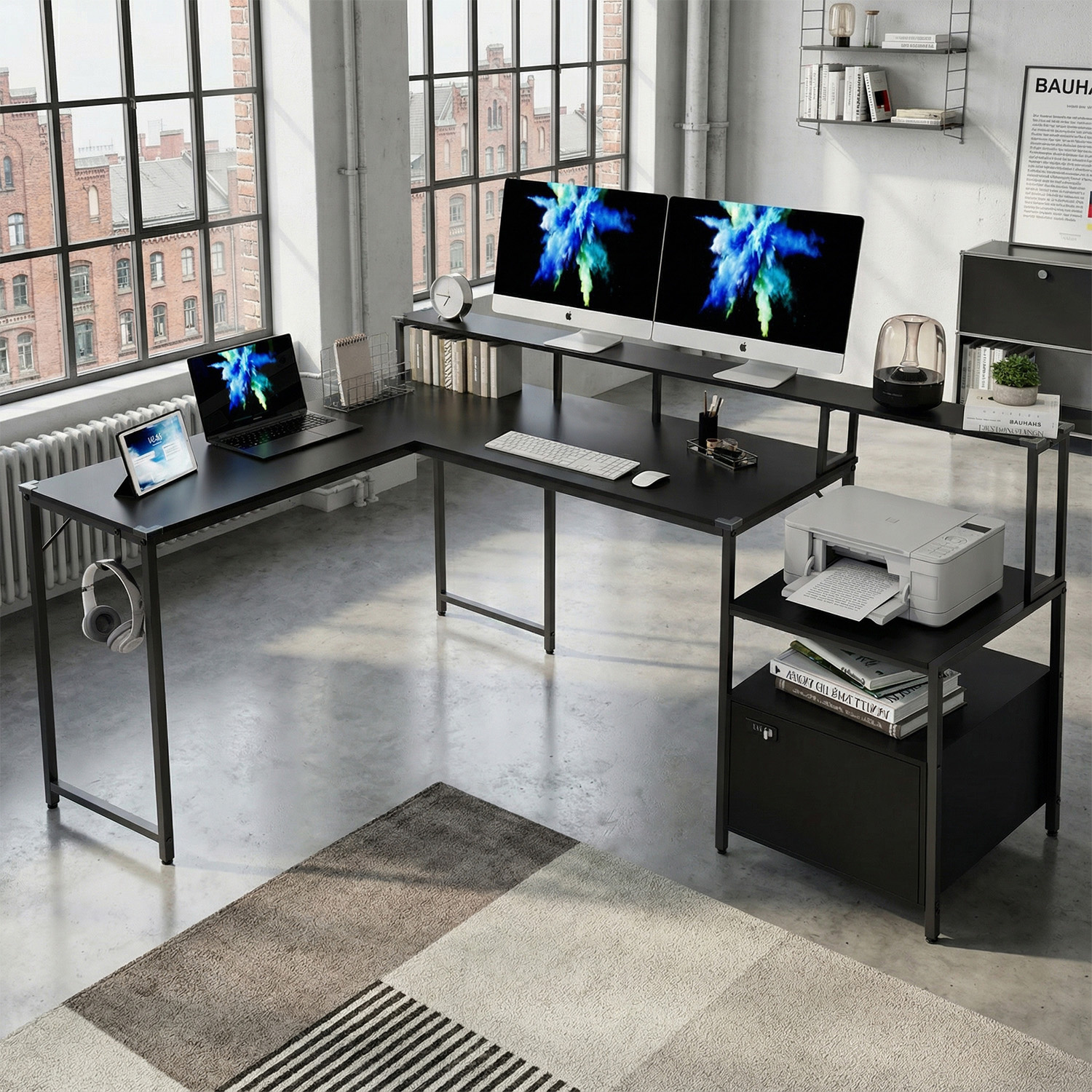 Devoko L-shaped Computer Desk With Drawer & Shelf | Large For Office & Gaming | Stable Stainless