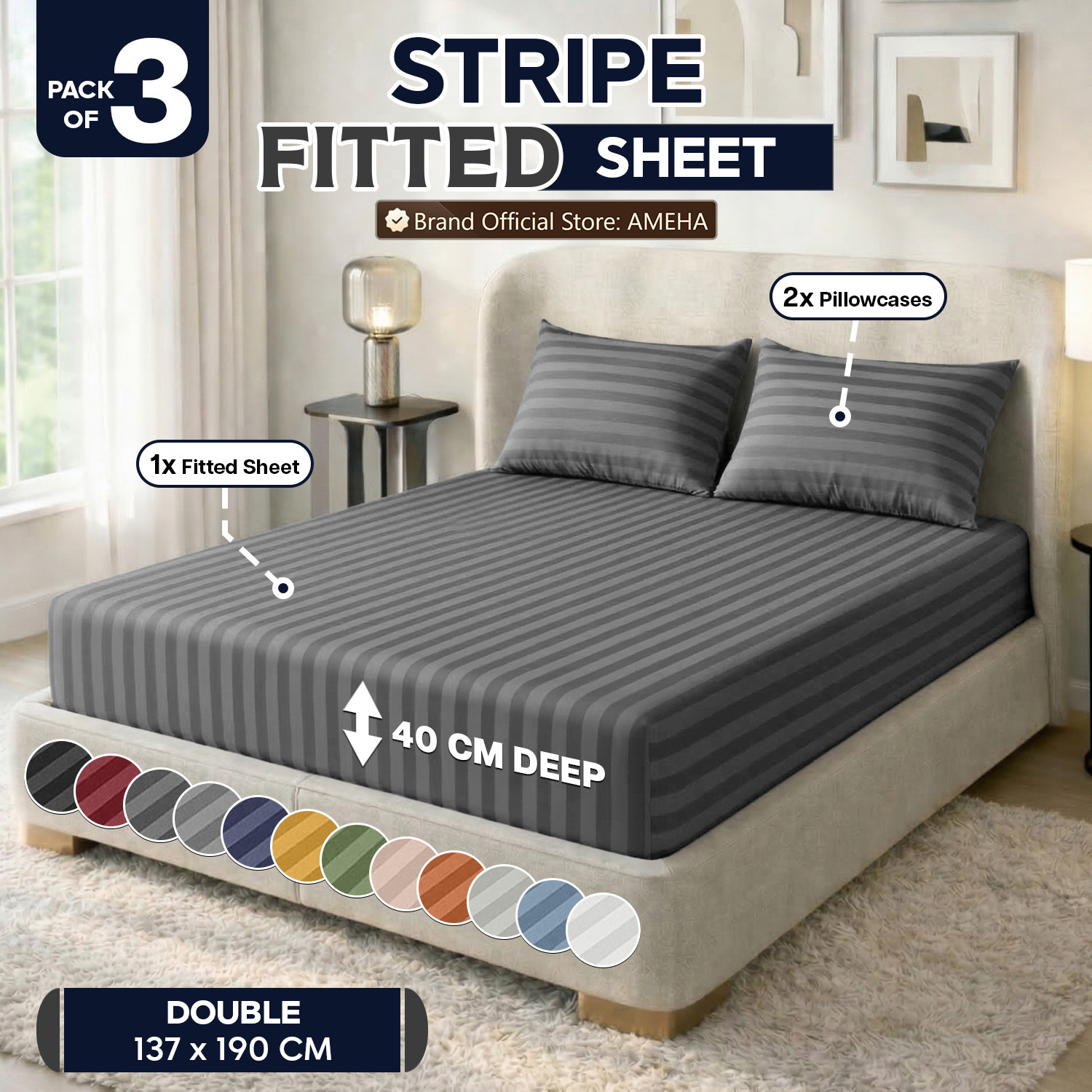TEMU 3pcs 40cm Stripe Fitted Sheet – Smooth & Comfortable Bed Sheet Set With 2pcs Pillowcases 1pc Fitted Sheet Breathable Fabric Soft Brushed