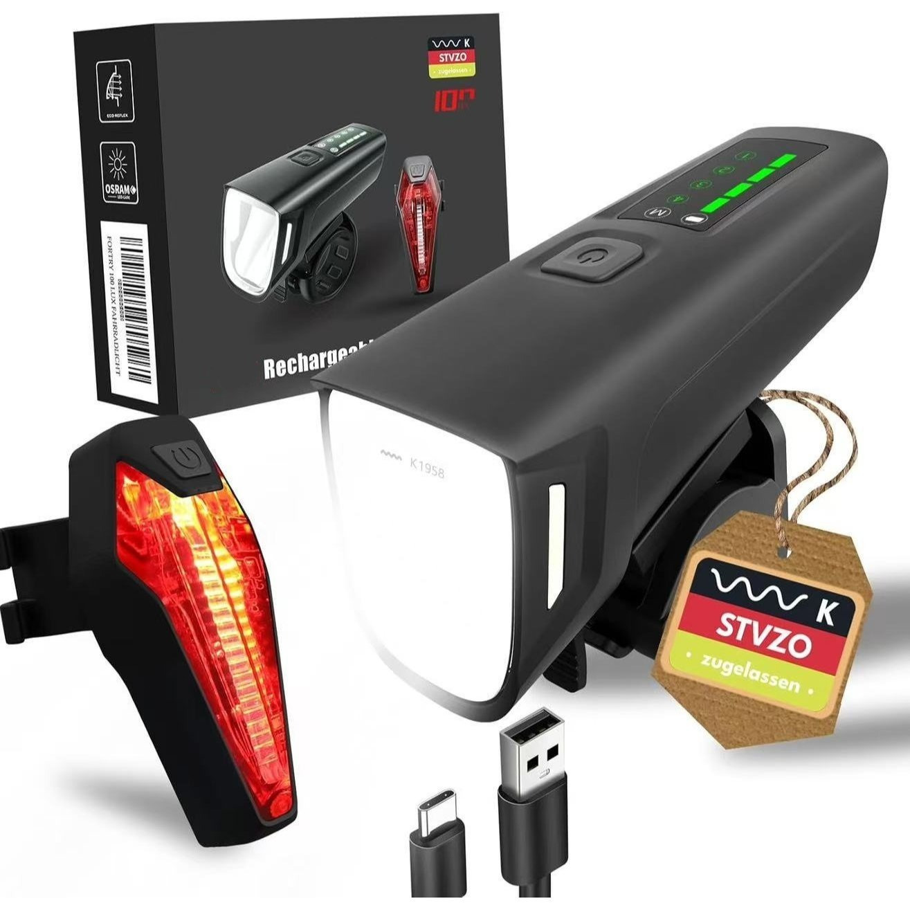 TEMU Led Bike Light Set Usb Rechargeable 60lux | Bike Light Approved | Bike Lighting Set Consisting Of Front Light And Rear Light With Brake Light