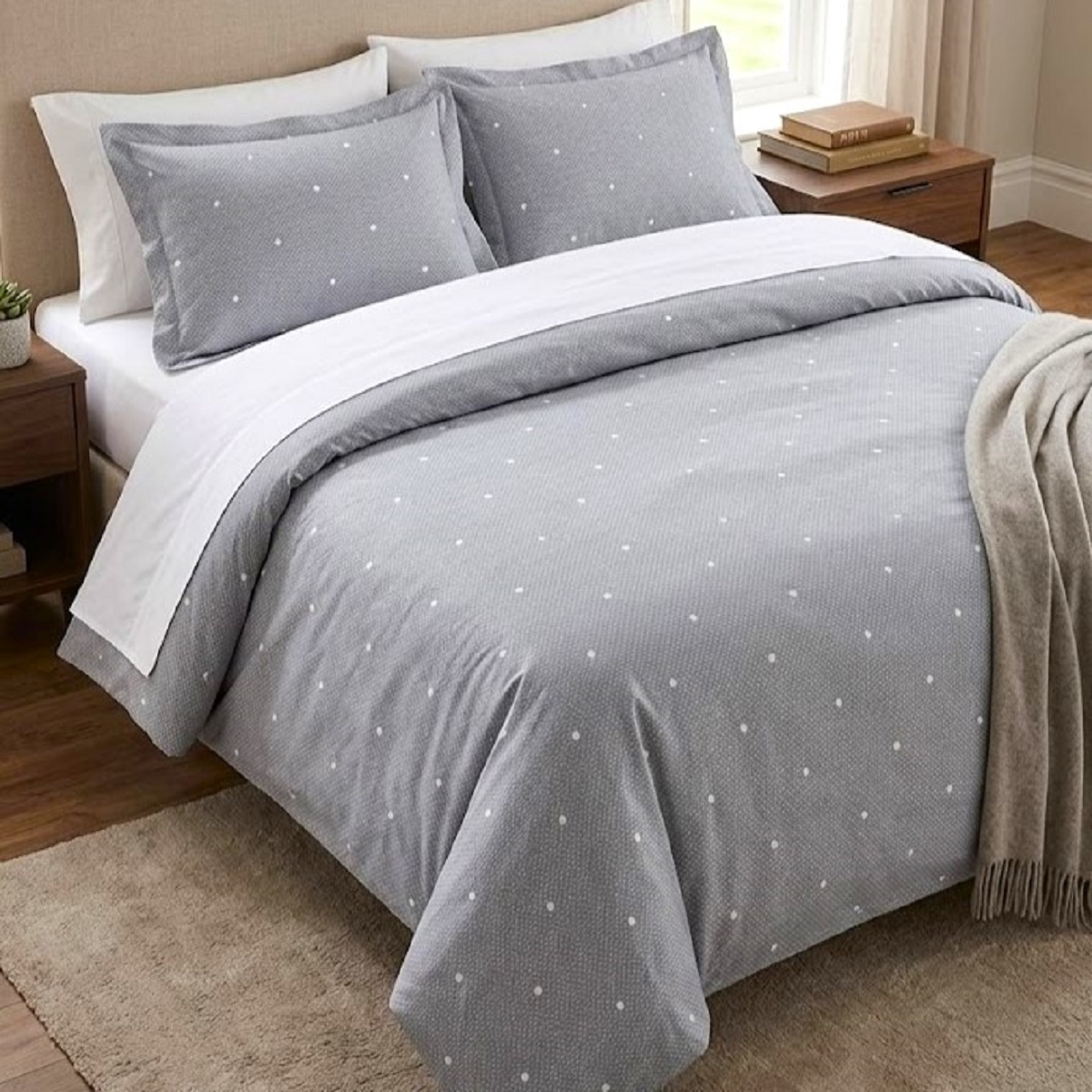 Blue-gray Polka Dot 3-piece Bedding Set, 80% Cotton, 20% Polyester