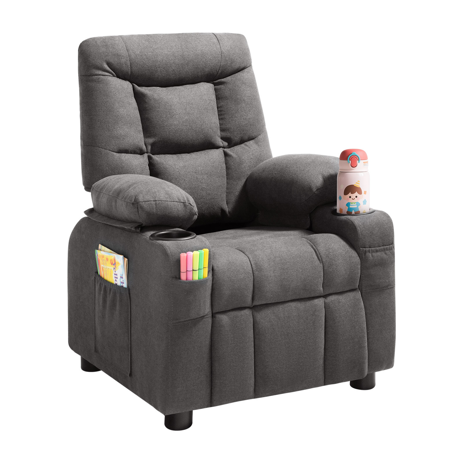 Image of Vevor Kids Recliner Chair, Toddler Lounger With Cup Holders & Pockets, 107° To 126° Adjustable Back, Breathable Polyester Upholstery Reclining Sofa With Foot-rest, For Boys And Girls, Children (gray)