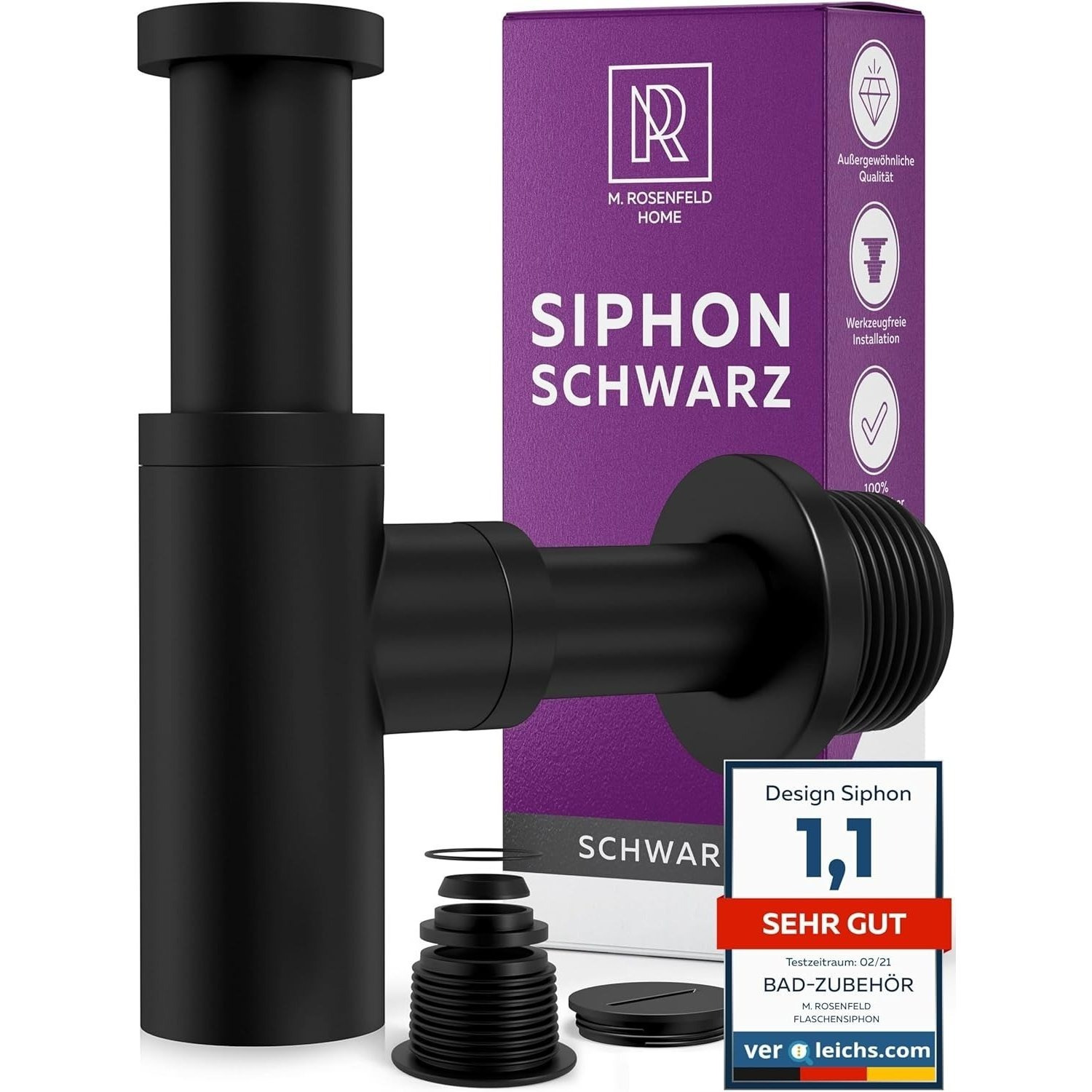 Design Sink Trap, Black Matte Stainless Steel , 1 1/4 Inch Height-adjustable Submersible Pipe 60–140 Mm, Wall Pipe 300 Mm With Cleaning Opening