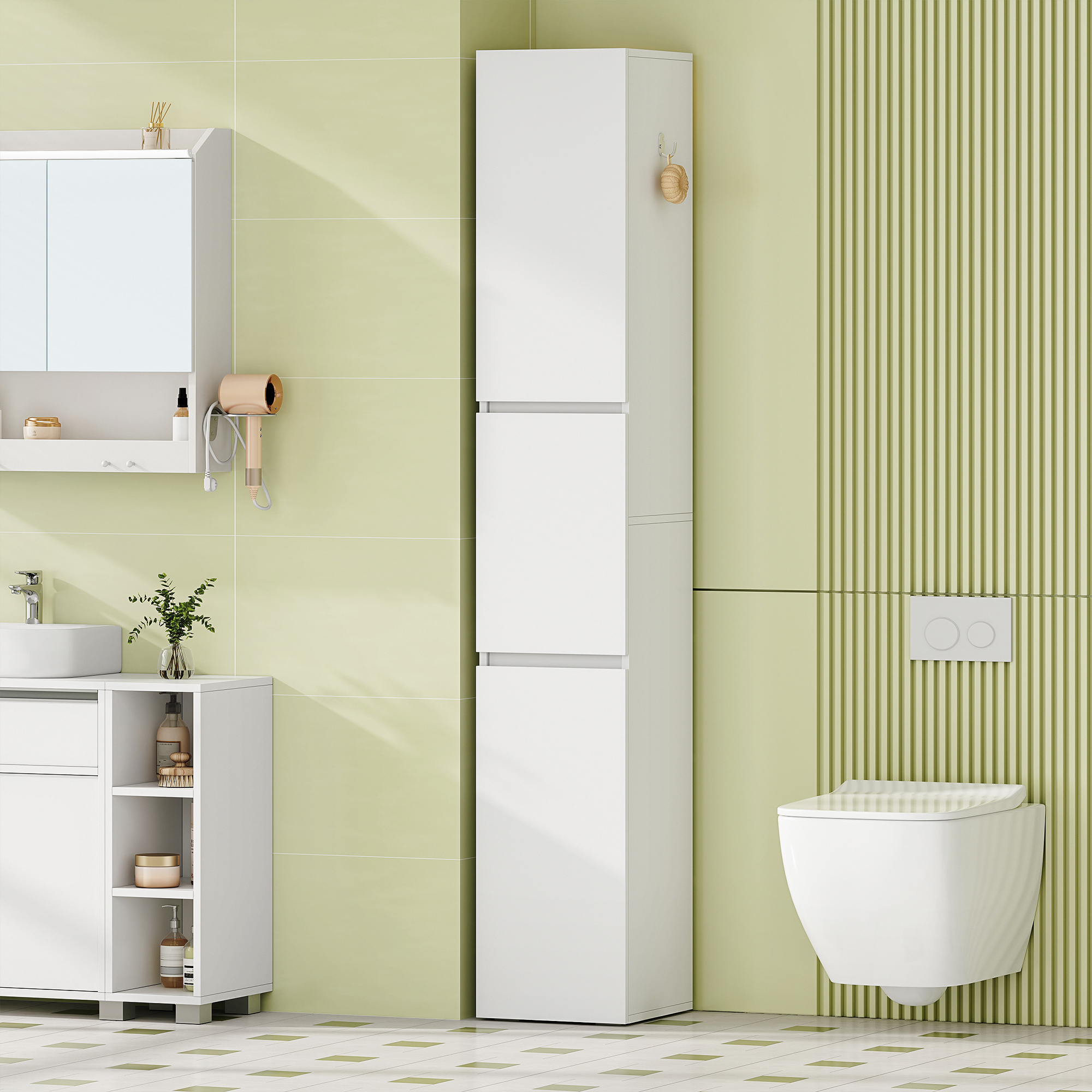 TEMU Meuble de salle de bain, hauteur 180 cm, meuble étroit, meuble de rangement avec étagère réglable, 3 portes, pieds antidérapants, idéal pour ,