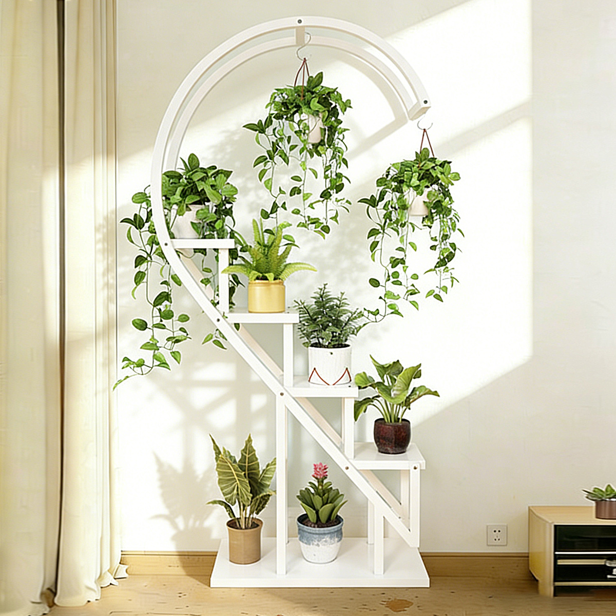 TEMU Wooden Plant Stand, Metal Frame, Semi-heart-shaped Flower Pot Stand, Flower Display Rack, Home Decoration Heart-shaped Trapezoidal Storage Rack