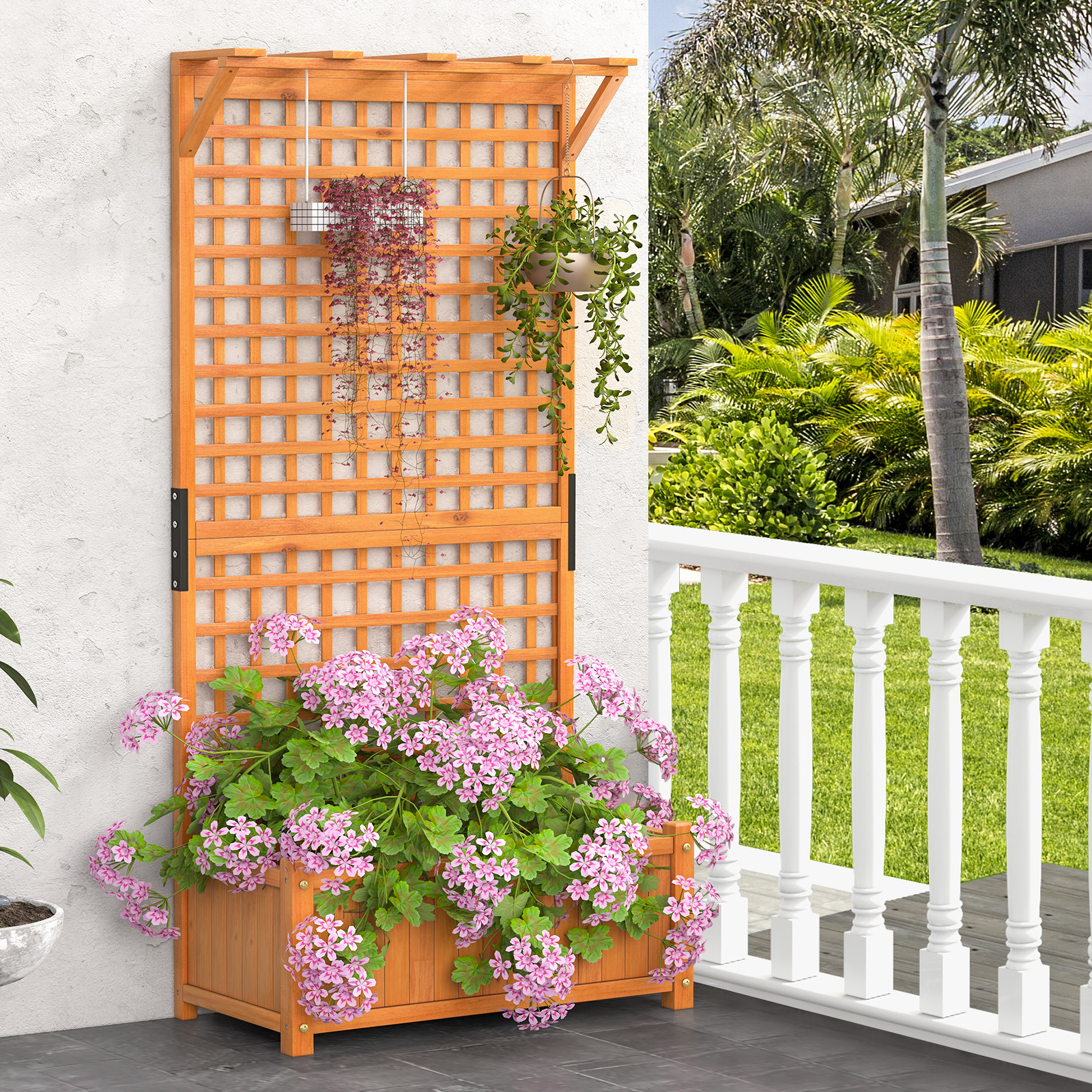 Image of Raised Garden Bed With Trellis, Planter Box, Hanging Roof, Indoor & Outdoor Solid Wood Planter With Drainage Holes, 72.5" Tall Freestanding Planter Container For Vine Climbing Plants Flowers
