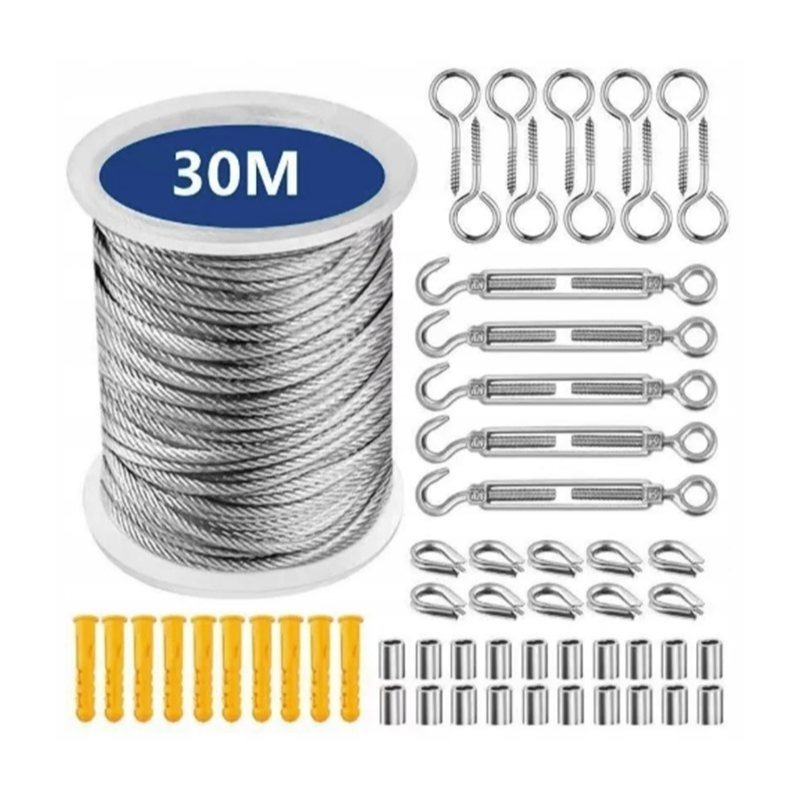TEMU Câble robuste en acier inoxydable galvanisé de 30 m + kit de montage complet accessoires 56W1