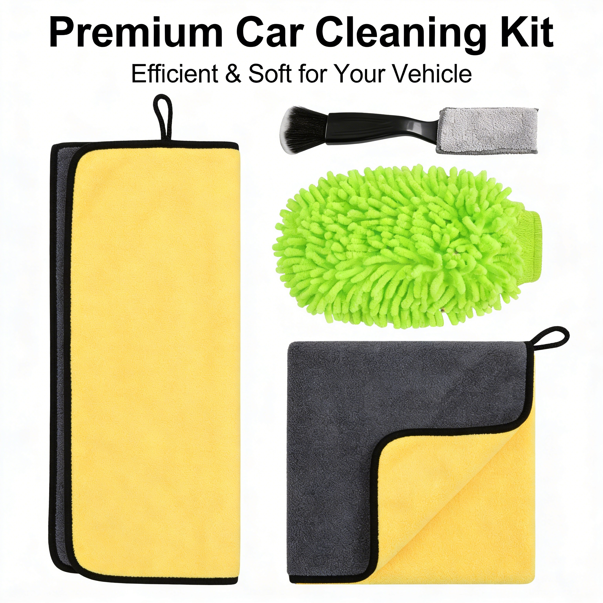 TEMU 5-pack Car Cleaning Kit, Super Absorbent Chenille Wash Mitts + Coral Fleece Microfiber Towels + Ac Vent Duster, 2-in-1 Scrubbing Gloves For Auto