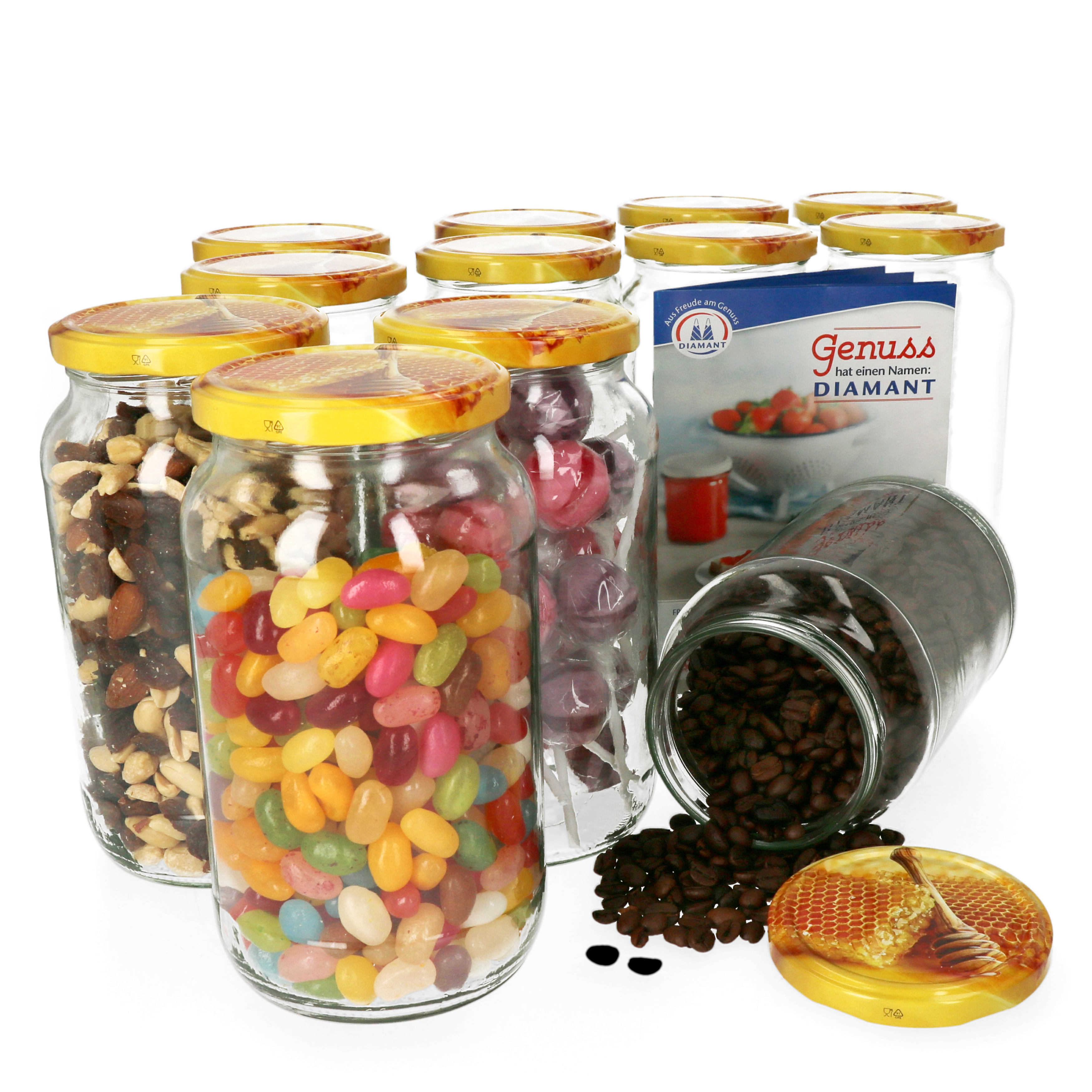 12-piece Set 1062 Ml Honeycomb Lid Canning Jars, Jars, Storage Glass Containers