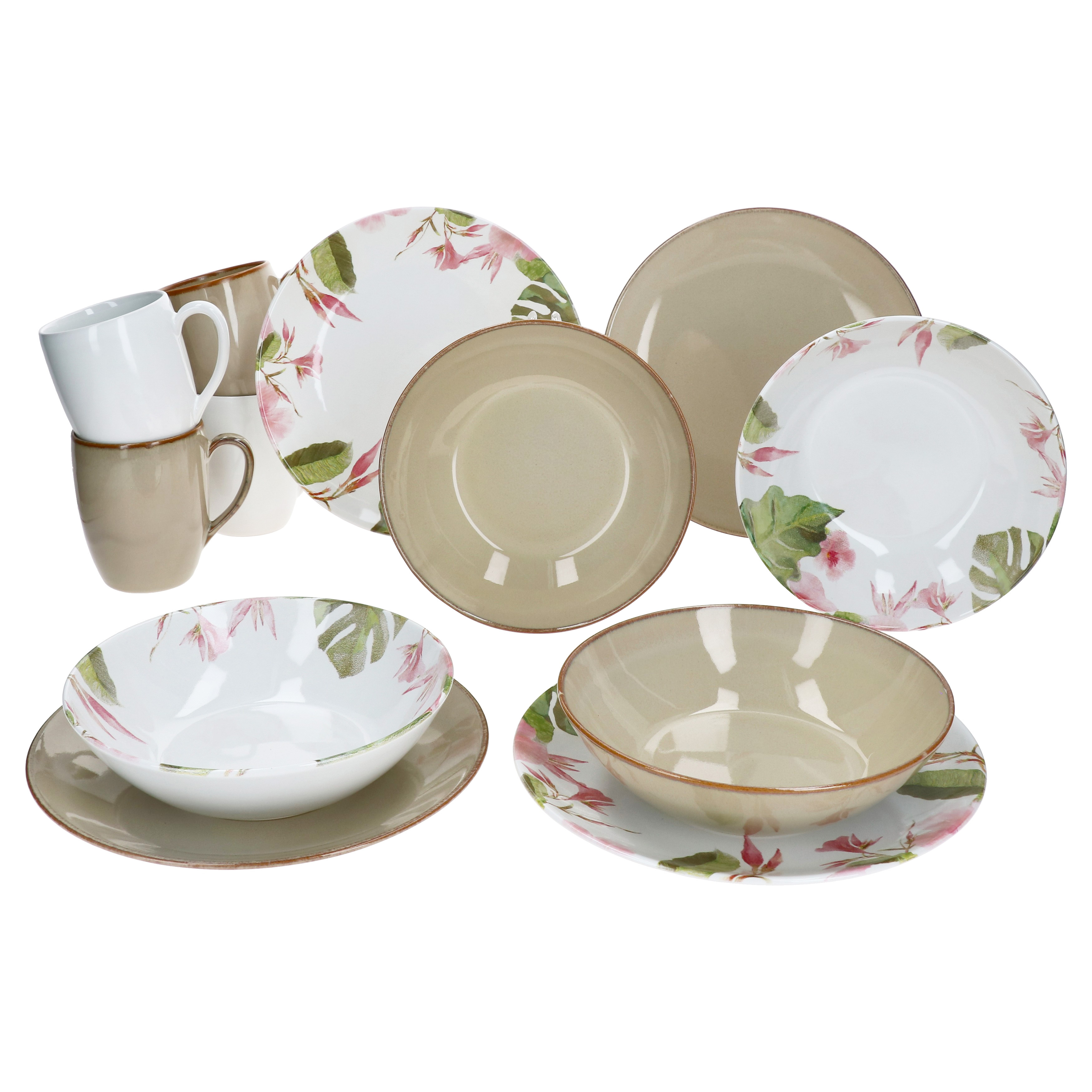 A 12pcs Exotic Breakfast Set Made Of Stoneware, Consisting Of Plates, Cups, And Bowls.