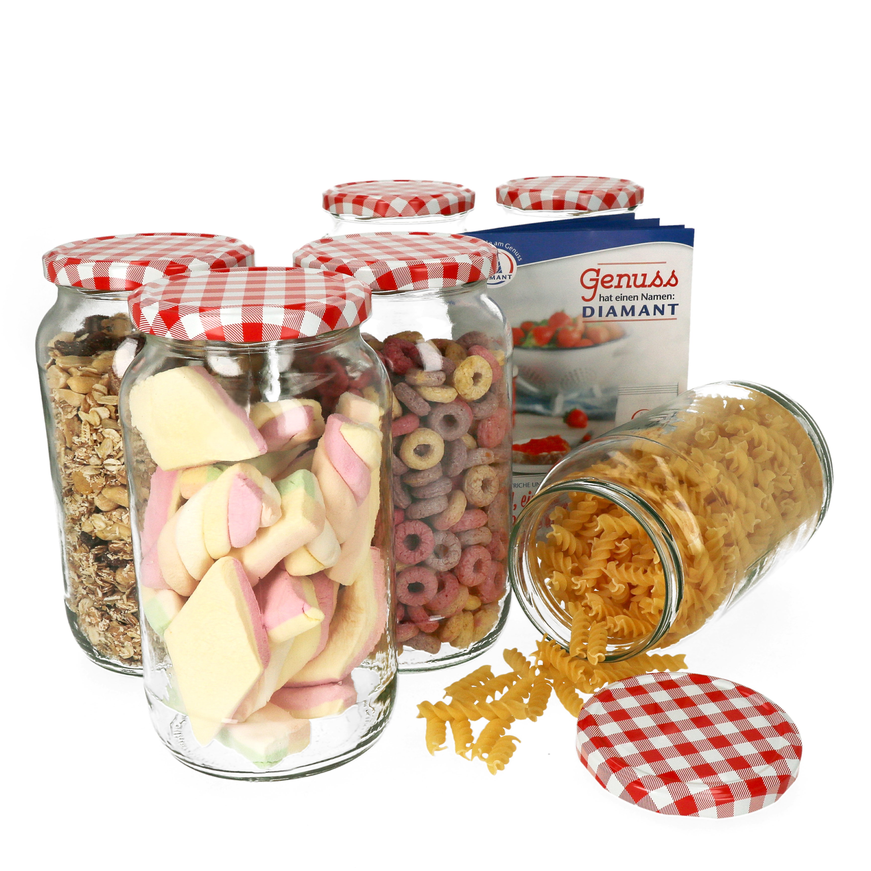 6-piece Set Of 1062 Ml Round Red Checkered Lid Canning Jars For Jam And