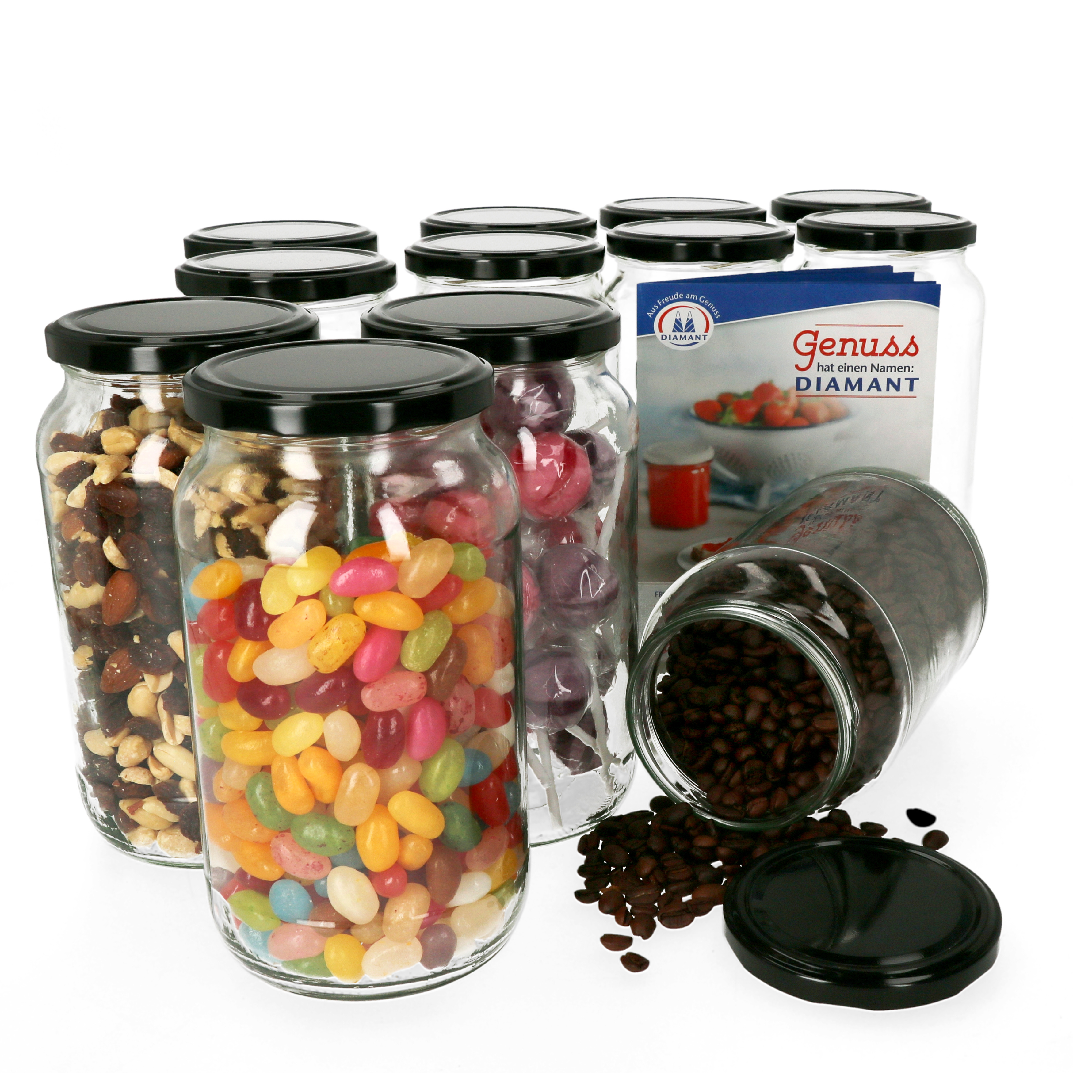 12-piece Set Of 1062 Ml Canning Jars With Black Lids, Jars, Storage Glass Containers
