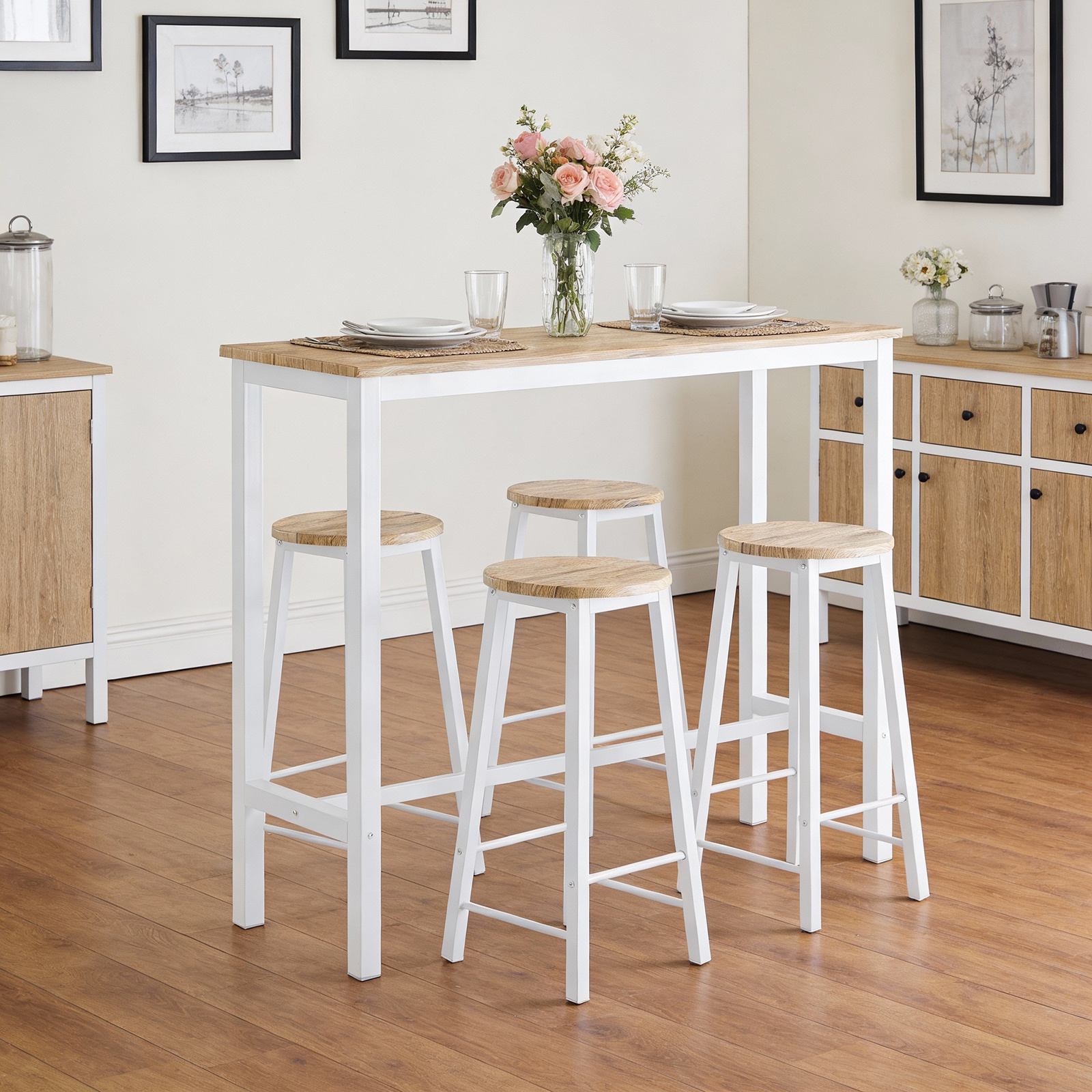 TEMU Juego de barra de desayuno con mesa y taburetes de bar, estructura de metal, resistente ahorra , 1 mesa y 4 taburetes, para cocina, comedor,