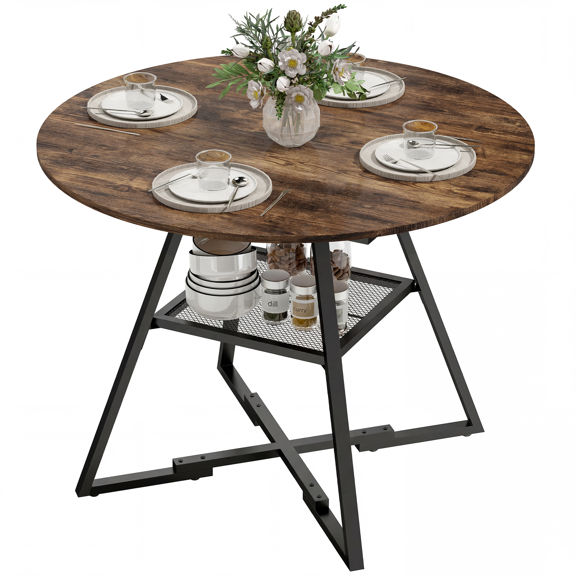 TEMU Table à manger ronde pour 4 personnes, Ø 100 x 76 cm, table de cuisine industrielle avec large plateau et étagère de rangement, cadre en métal,