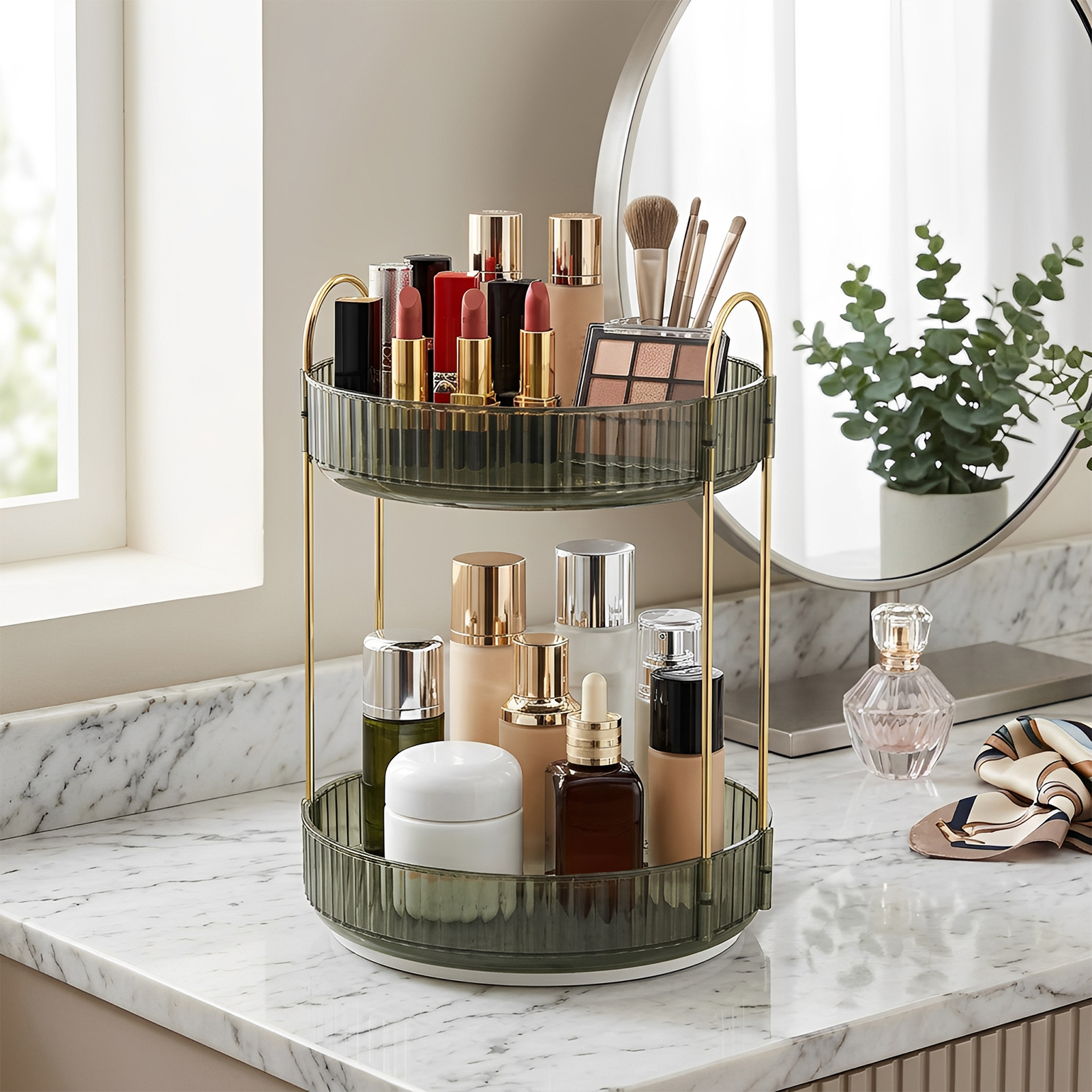 TEMU Space Saving 2-tier Makeup Organizer Rack, Emerald Green Color Swivel Design For , Plastic Makeup Holder For Vanity Dresser, Compact 23x23x32cm