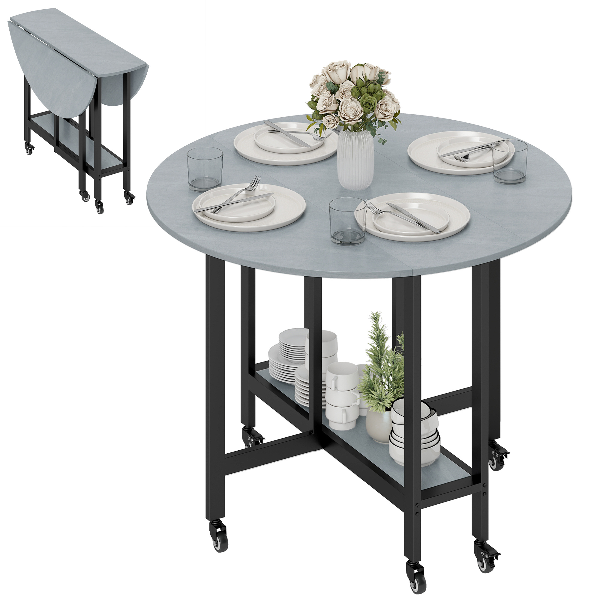 TEMU HOMCOM Mesa Plegable de Comedor para 2-4 , Mesa de Cocina Plegable con Ruedas, Abatibles, Estante Abierto, para Salón, 100x100x75 cm, Cemento