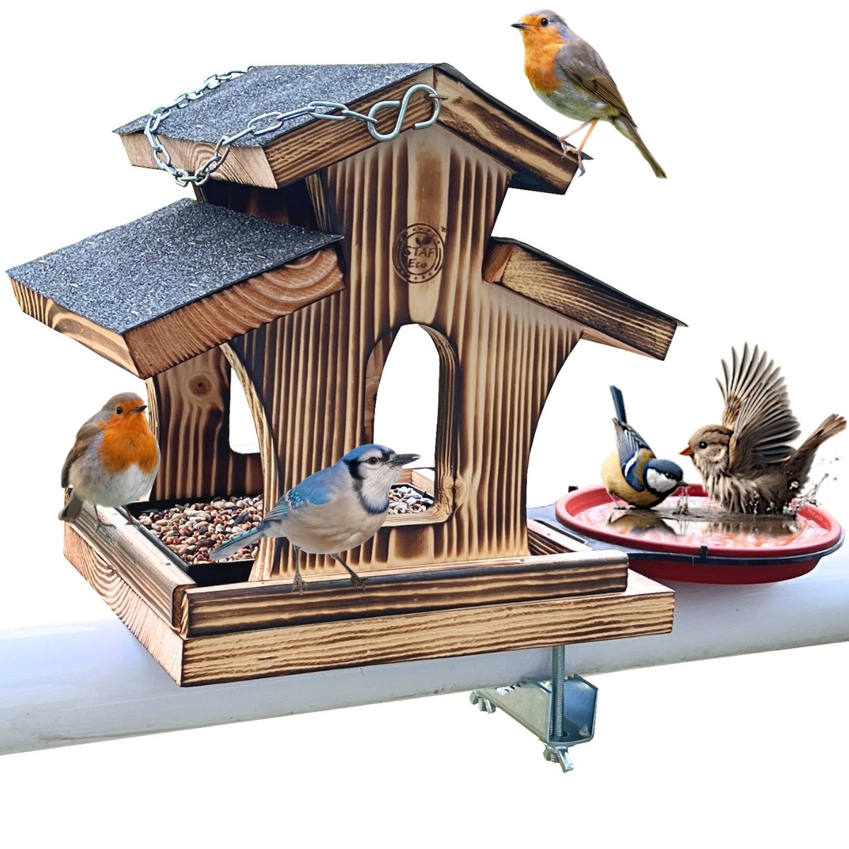 Bird Feeder And Waterer For – Rustic Wood Design With Food Drawer And Balcony Railing Mount For Balcony And Garden