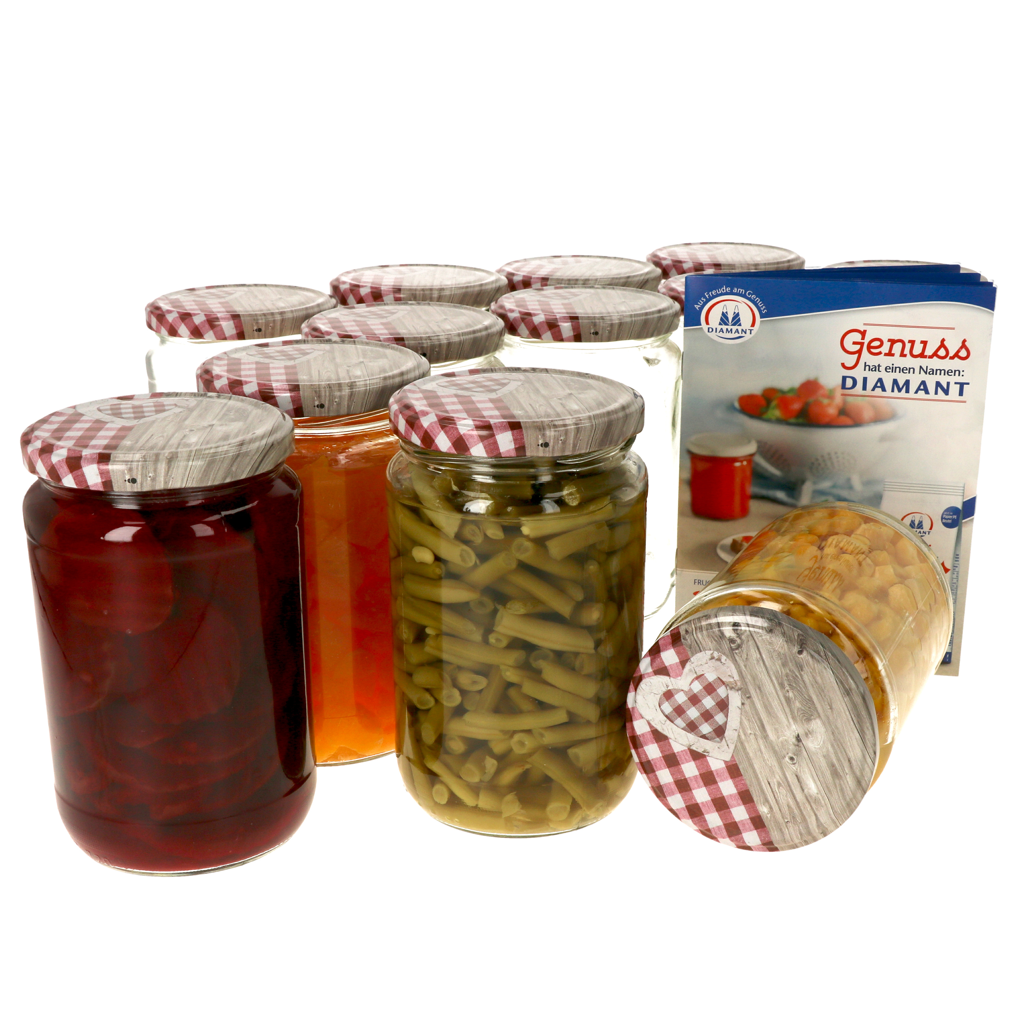 Image of 12x 720ml Preserving Jars With Wooden Heart Red Lids, To 82 + Recipe Booklet