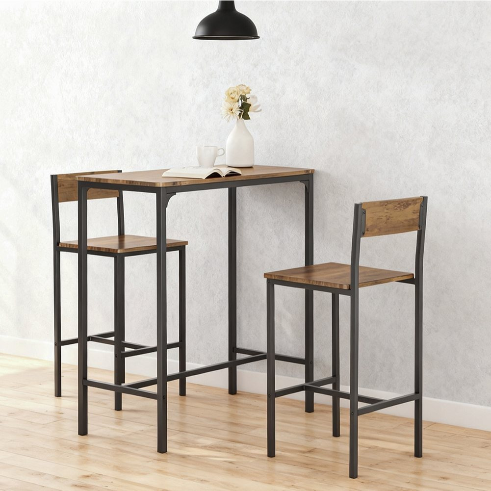 Image of Combined Bar Set 100 Cm: Compact Made Of Wood & Metal With 2 Bar Stools – Industrial Style For Kitchen, Living Room, Balcony – Space- Bar Furniture Phu14-ym