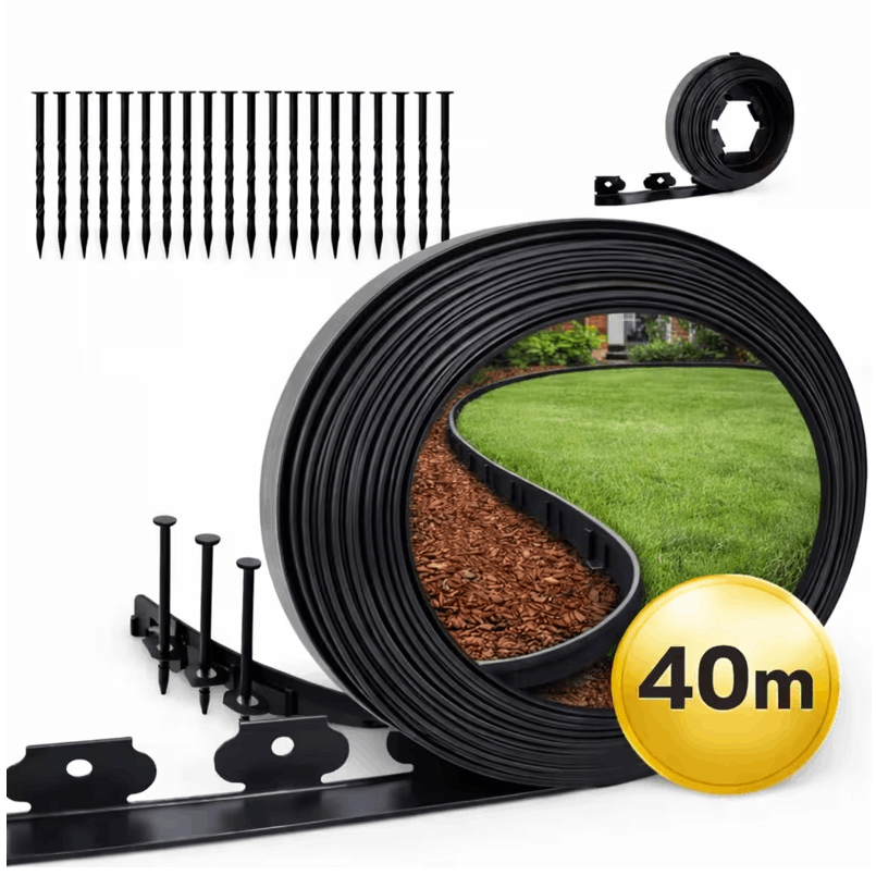 E-shop Rasenbegrenzung 4 cm x 5 cm x 40 m flexibel + 120 kostenlose Pflöcke, flexible Gartenbegrenzung, Höhe 4 cm, Länge 40 Meter, Set aus
