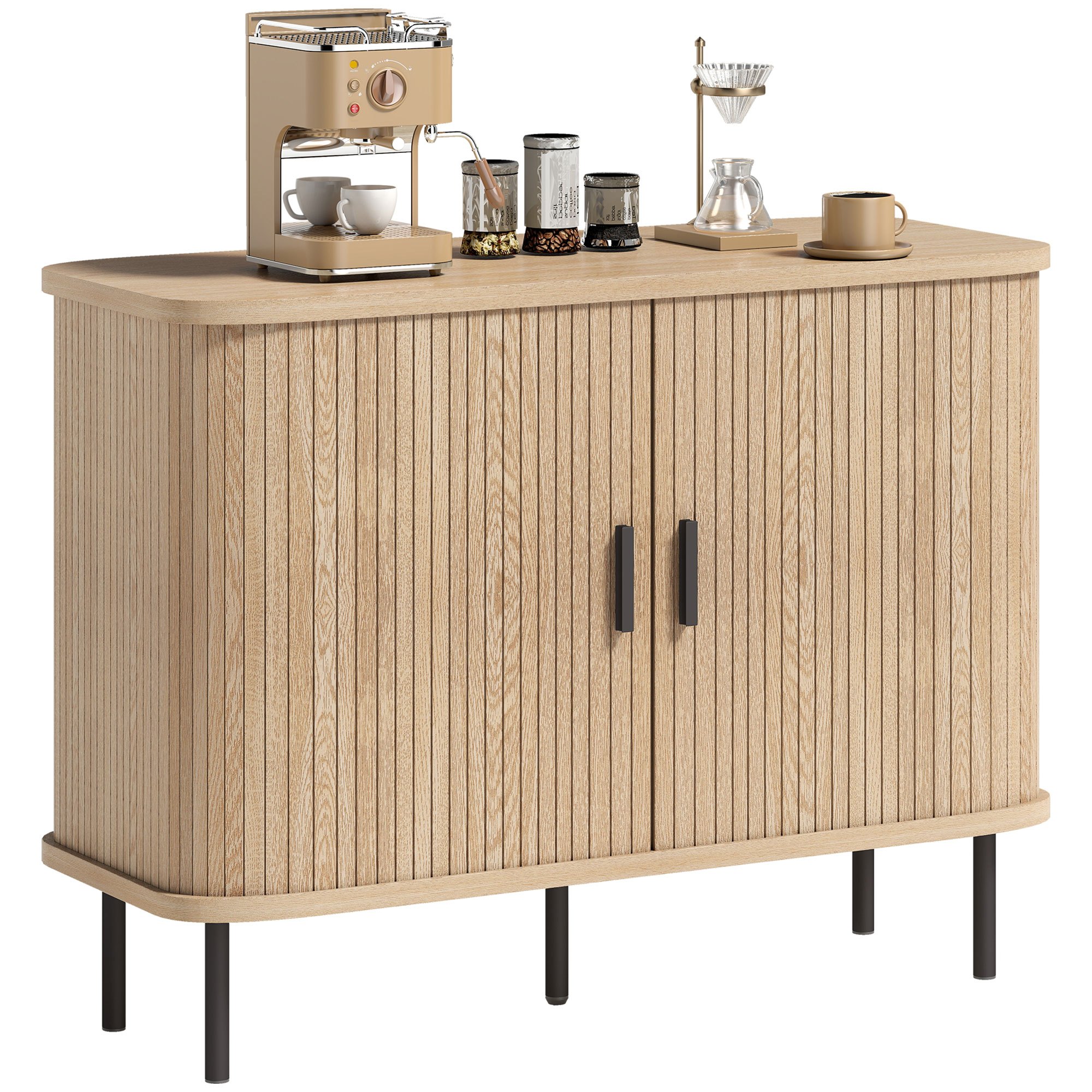 TEMU Buffet salon, meuble de rangement avec 2 portes coulissantes en tambour à lattes et 4 compartiments, 5 pieds en acier, style moderne, pour salle