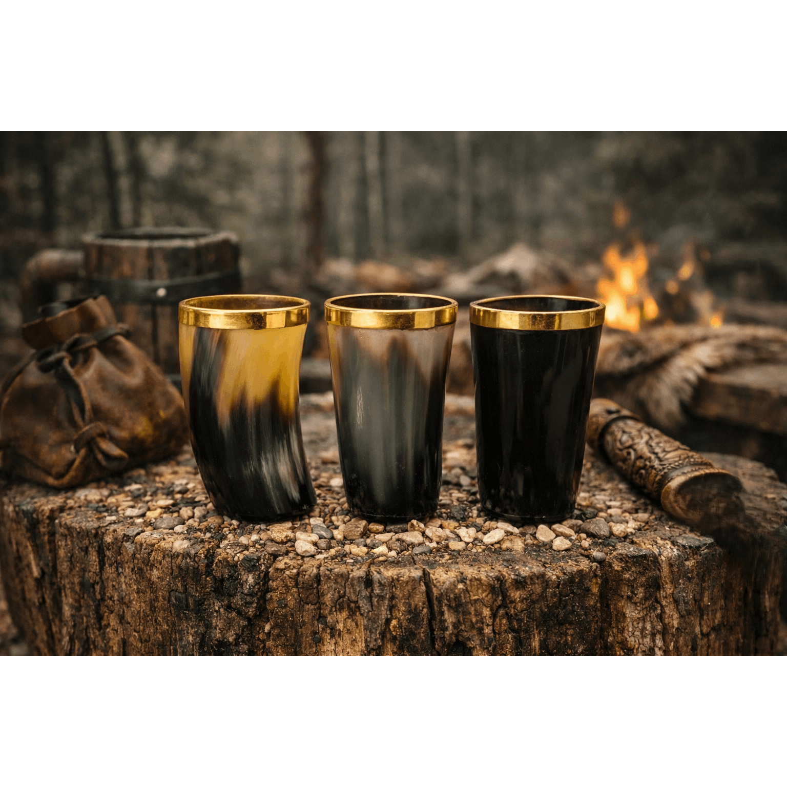 Image of Handmade 3rd Hornbecher Set - Cups Made Of Natural Material - Drinking Vessel For Viking Met Mugs Cup Set With Copper Ring Viking Drinking Buffalo Viking Cup Medieval Mug . 100ml Capacity