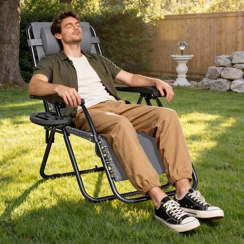 1pc zero gravity chair sun lounger fabric foldable patio chair outdoor lounge camping chairs with padded pillow armrest footrest and cup holder