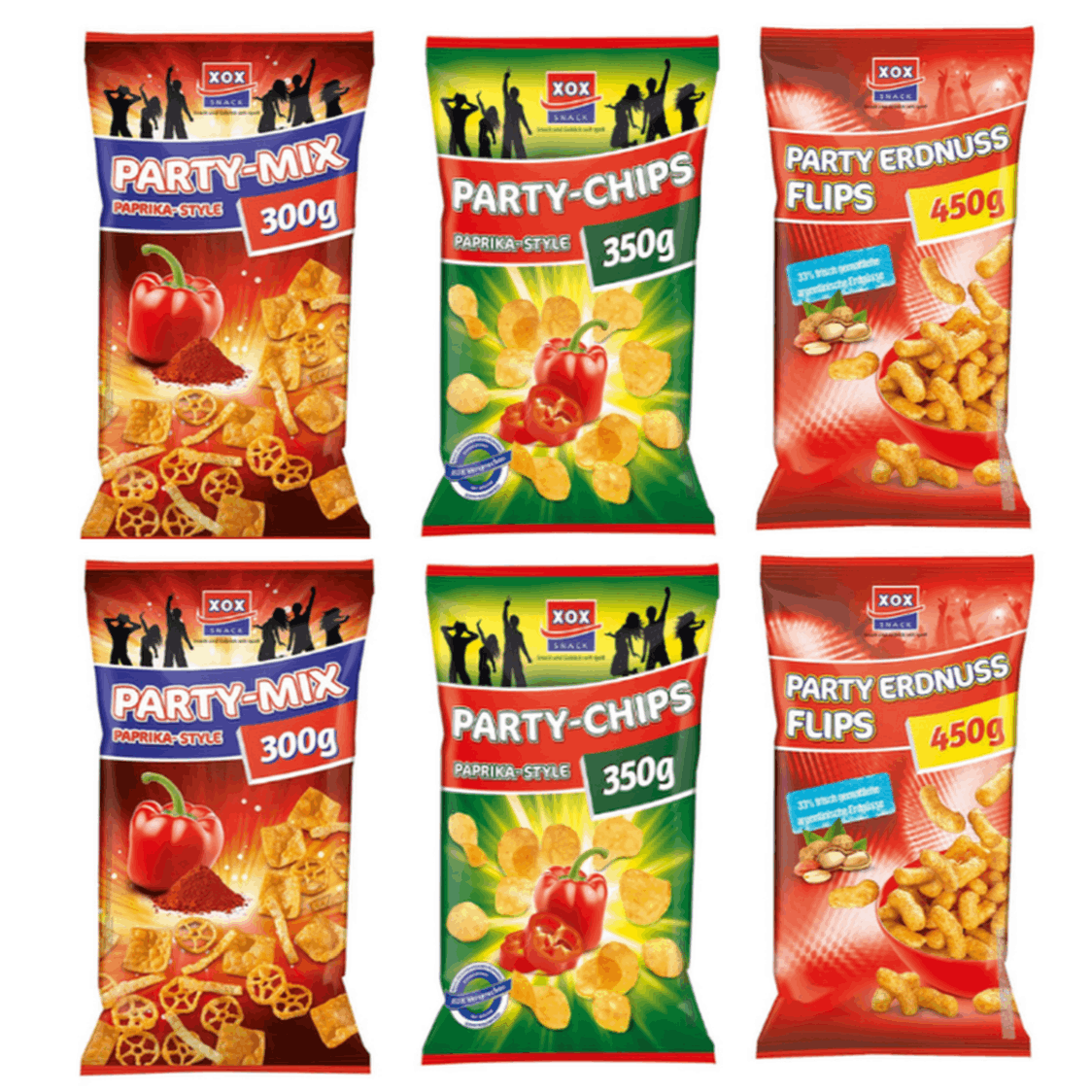 Image of Xox Party Snack Mix Set - Party Chips Paprika 350g, Party Mix Paprika 300g & Party Peanut Flips 450g - Crispy Party Snacks - Perfect For Party, Movie Night & Bbq