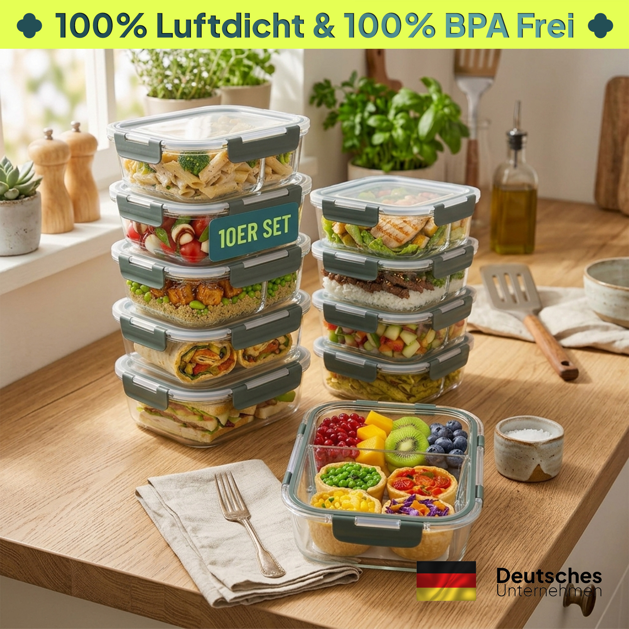 E-shop uandu Glasbehälter mit Deckel, 2 Fächer, Meal Prep Glasdosen Set, Frischhaltedosen aus Glas mit Deckel (5 oder 10 Behälter)