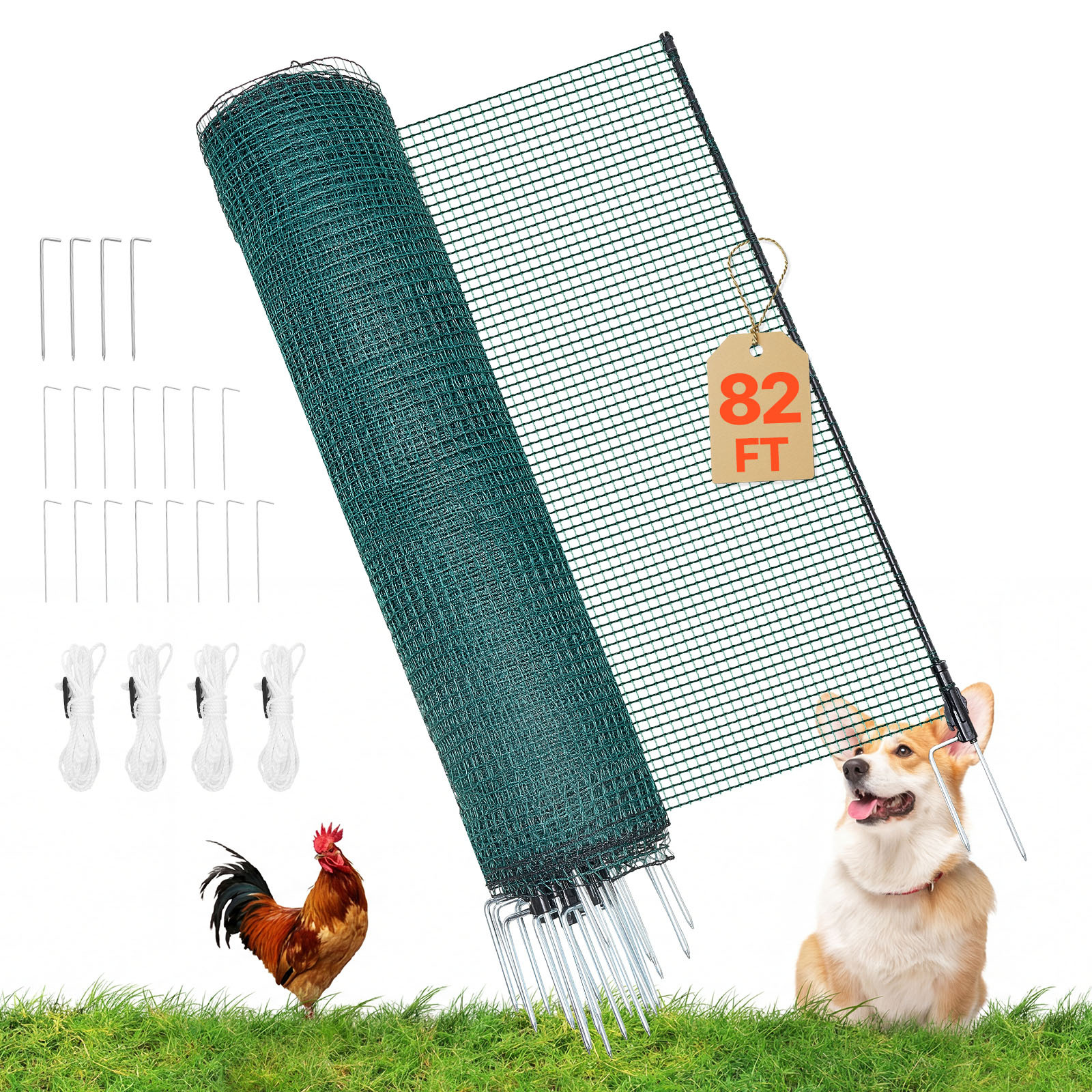 Image of Vevor Temporary Fence With Posts, 0.9 X 25m Plastic Mesh Fencing, Garden Safety Fences Netting With Double-spike Stakes & Guy Ropes, Temporary Fence For Dogs, Chickens, Plants, Outdoor Yards