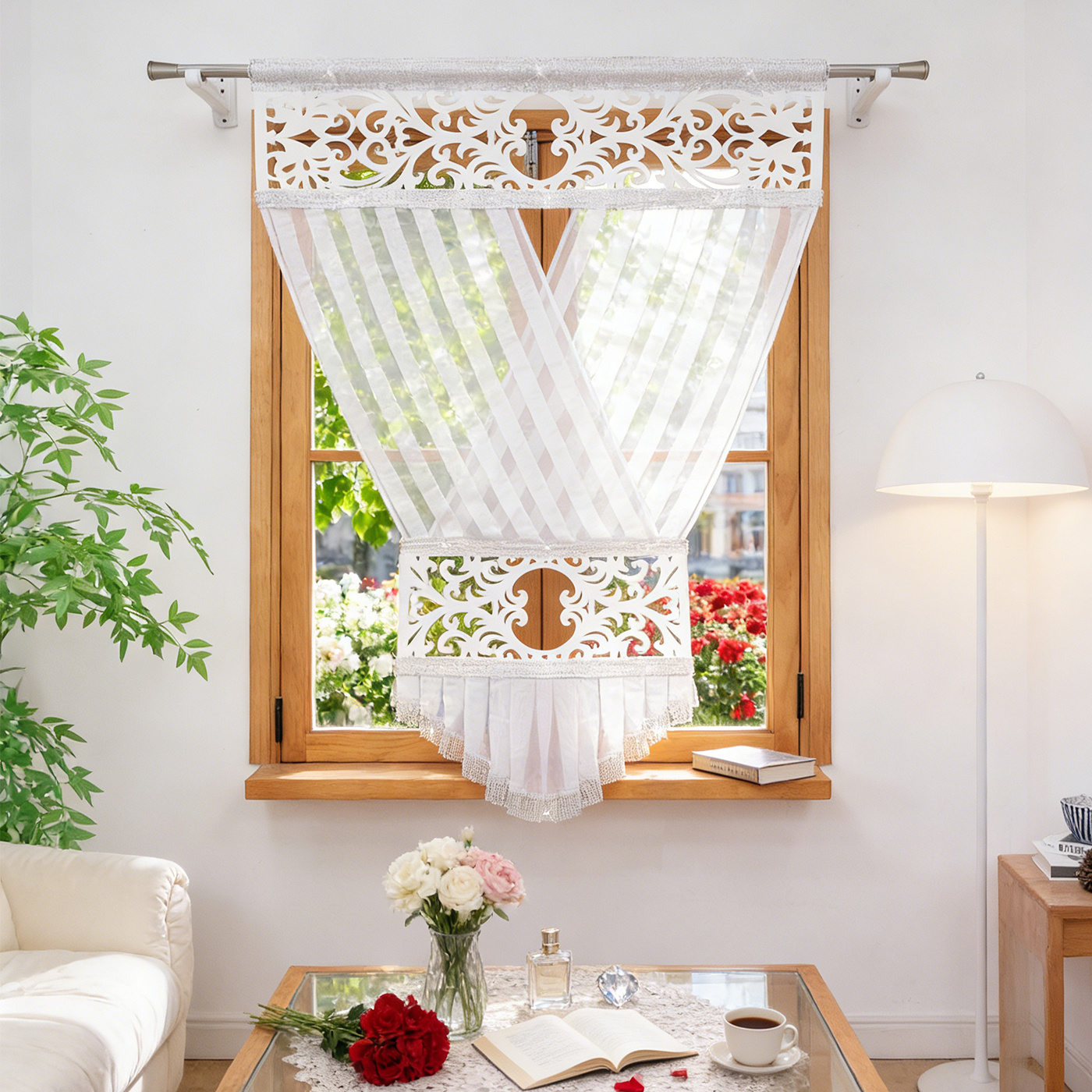 Image of 1 Panel Romantic French Short Curtain, Cross Over Hollow Out Pattern | Sparkling Crystal Edge, Kitchen Curtain For Cafe Window, Small Bedroom, Luxe Soft Semi Sheer Fabric Decorative Cover, Rod Pocket