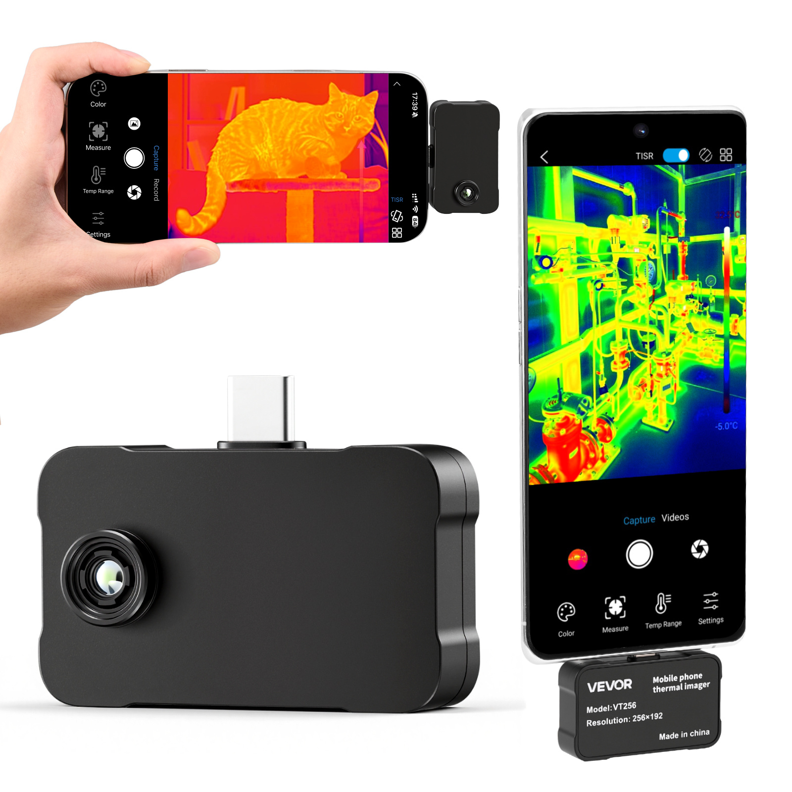 Image of Vevor Thermal Imaging Camera For & Ios, 512 X 384 Super Resolution, 25hz Refresh Rate Infrared Thermal Imager For Smartphones Tablets, 256 X 192 Ir Resolution, -20°c To 550°c & 6 Color Palettes