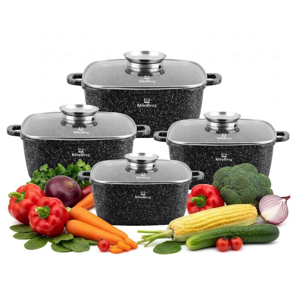 8-piece Cookware Set | Marbled Coating | Cooking Pot | With Lid | Coating | Induction Compatible | Ideal Gift | Suitable For All Stovetops | Kb4058