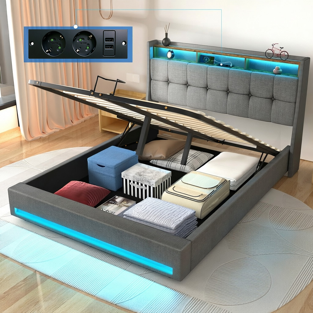 Upholstered Bed Boxspring Bed 140x200 Cm With Storage Space, Double Bed Bed Frame With Loading Function, Led Lighting, Hydraulic Bed Frame With Headboard Slatted Frame Made Of Wood, Grey