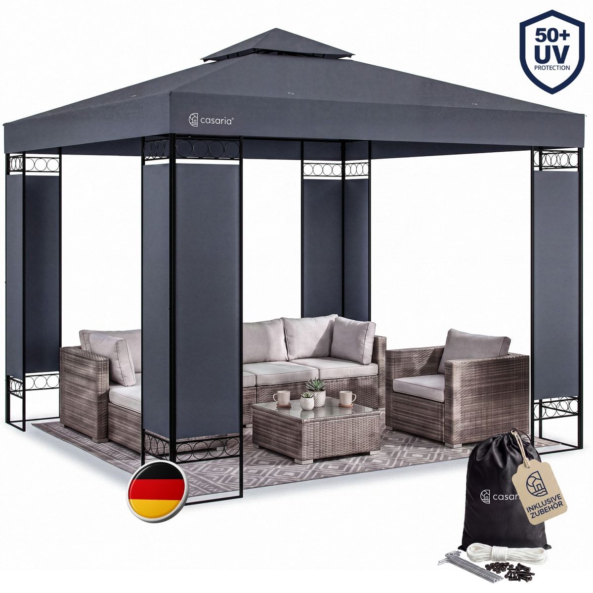 3x3m Metal, Water-repellent, Uv Protection 50+ With Side Panels, Stable Garden Gazebo