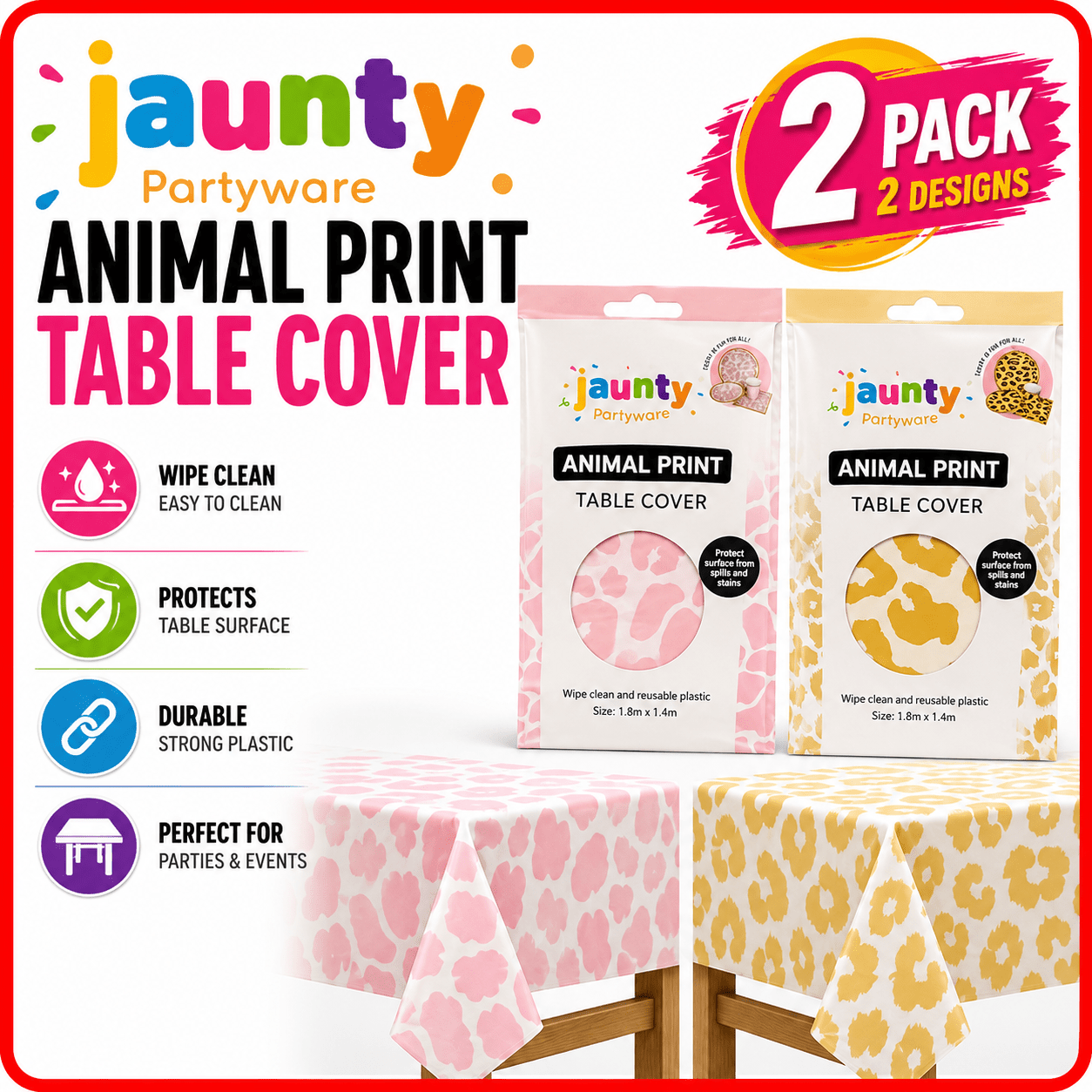 TEMU Jaunty Partyware Animal Print Table Cover | X 1.4m Reusable Plastic Tablecloths In Leopard & Giraffe Prints | Wipe- Table Covers For Birthdays,