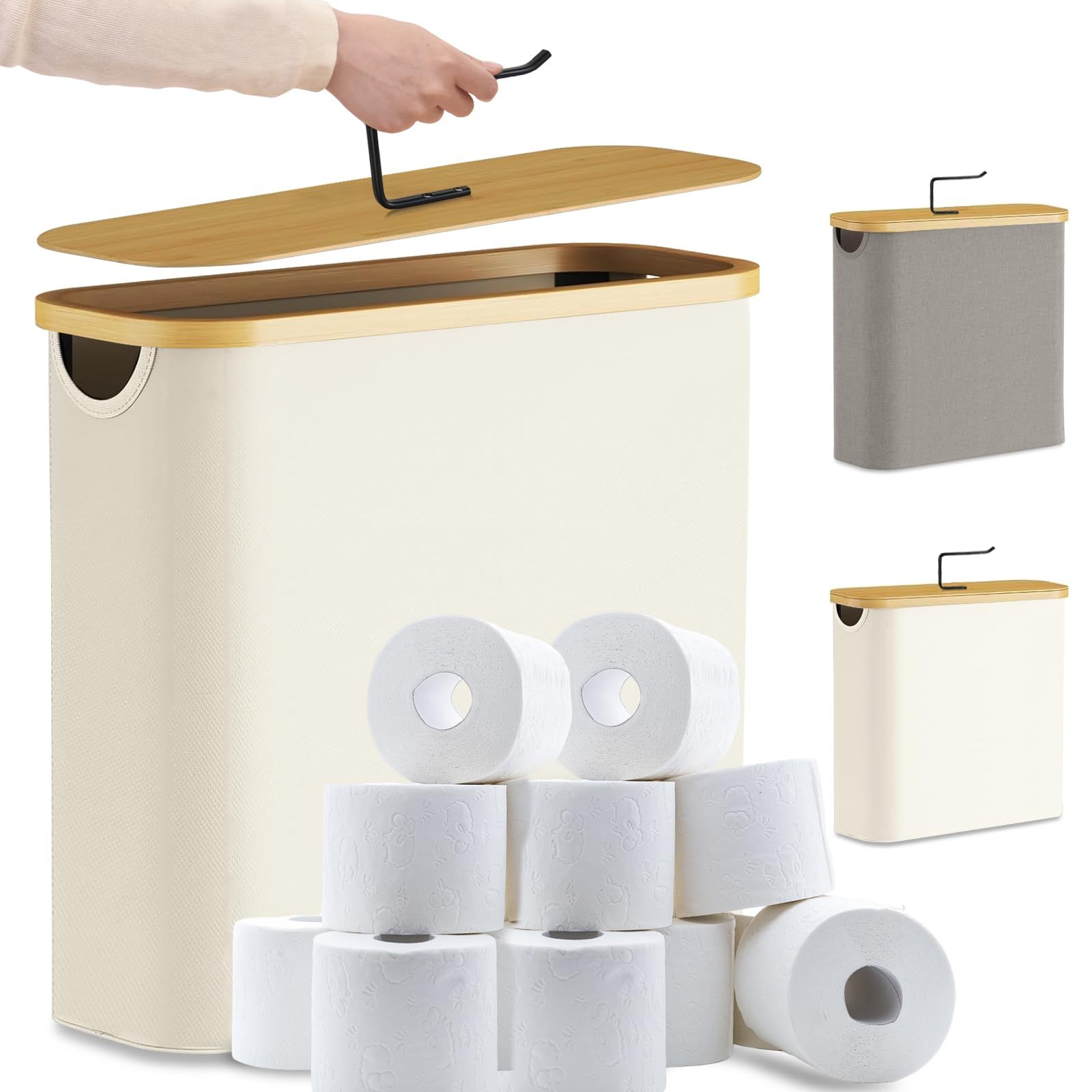 Image of 30l Toilet Paper Storage Basket With Bamboo Lid, Toilet Roll Holder, Wc Paper Storage, Elegant Bathroom Organizer For Toilet Rolls, Space-saving For Bathroom And Guest Toilet