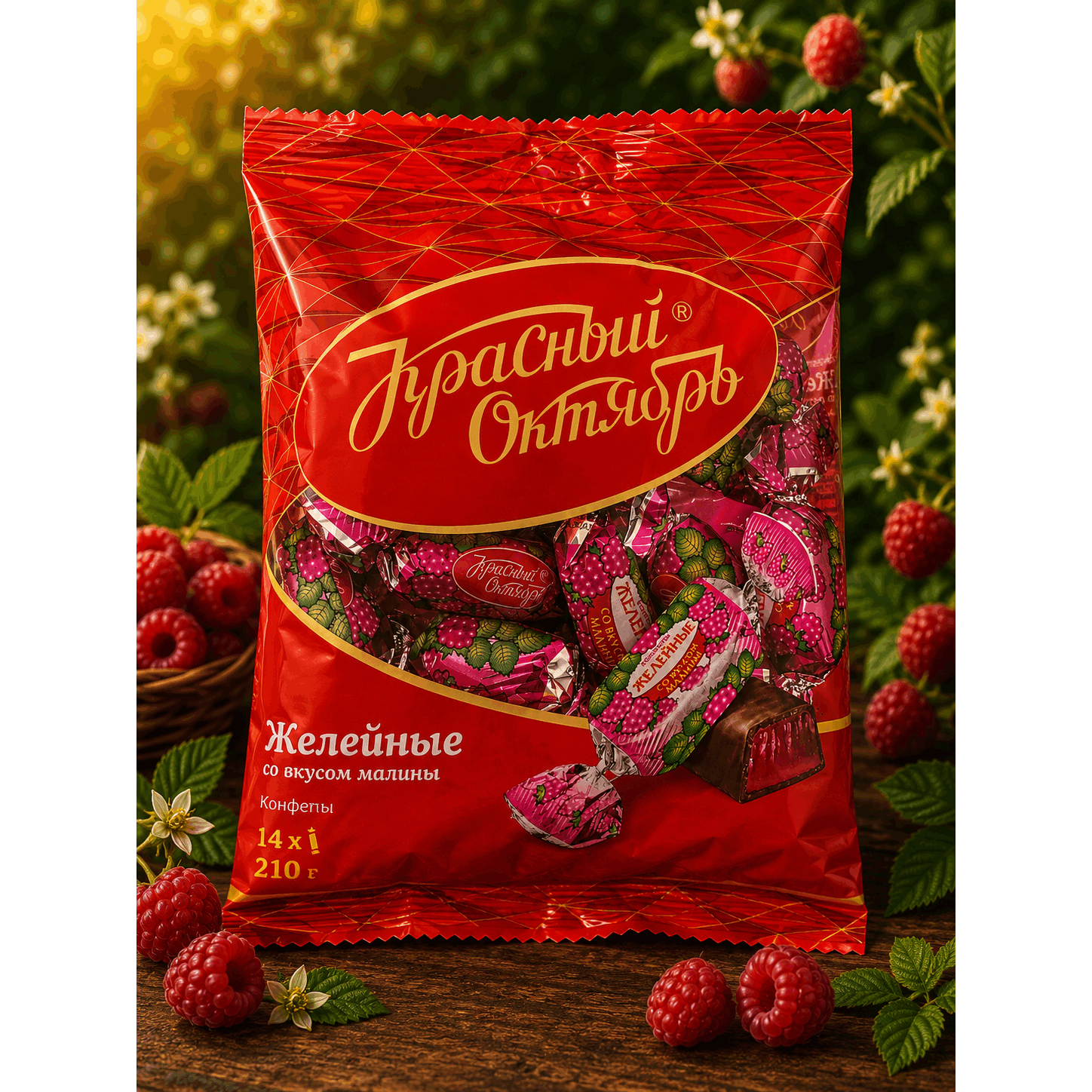 Red October Jelly Candies With Raspberry Flavor, Chocolate-covered Bonbons With Raspberry Aroma, 210 G