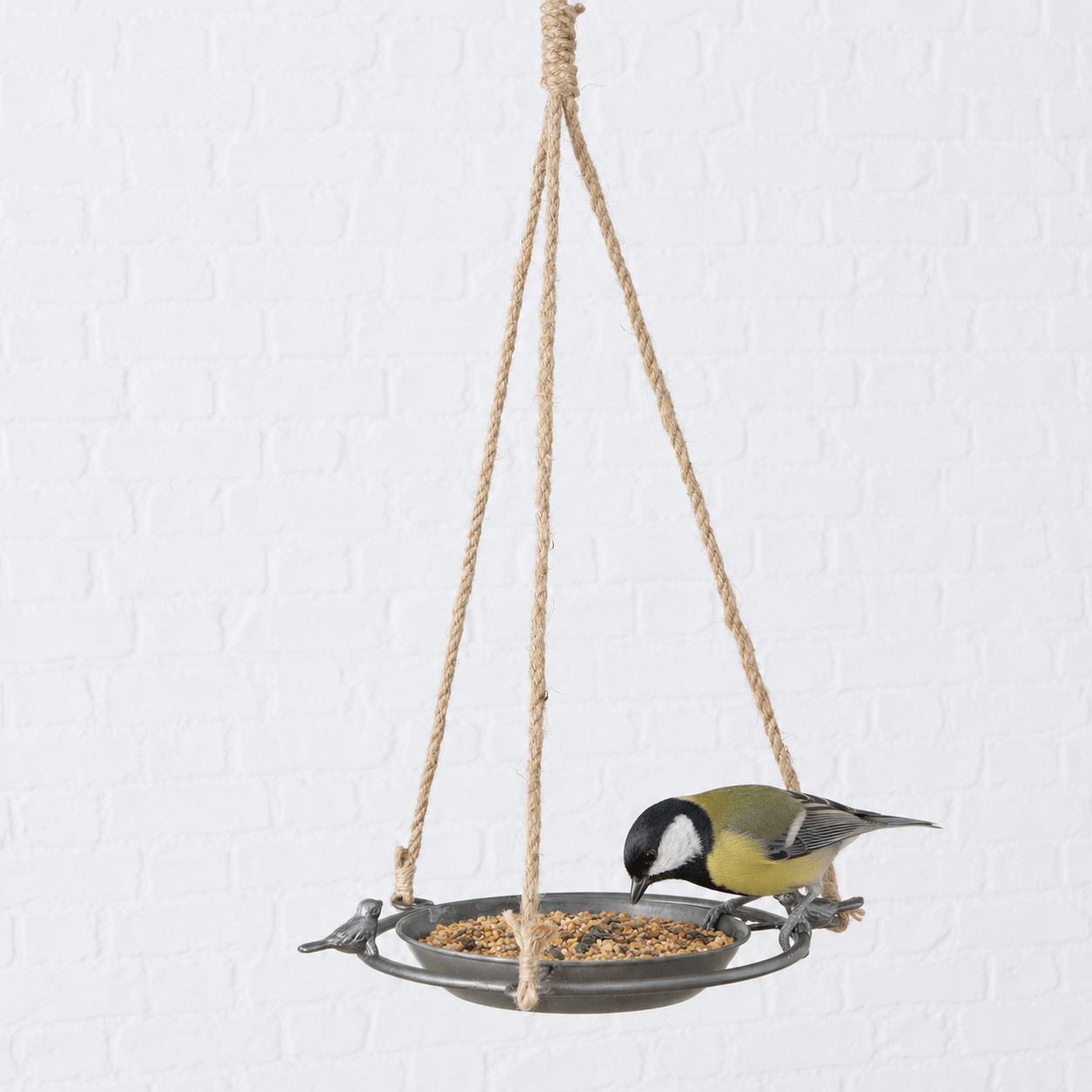 Image of Hanging Bird Feeder With Jute Cord Ø 25 Cm - Metal Bird Bath For Hanging - Decorative Water And Feeding Bowl For - Garden Decoration With Bird Figures For Balcony, Terrace, And Garden