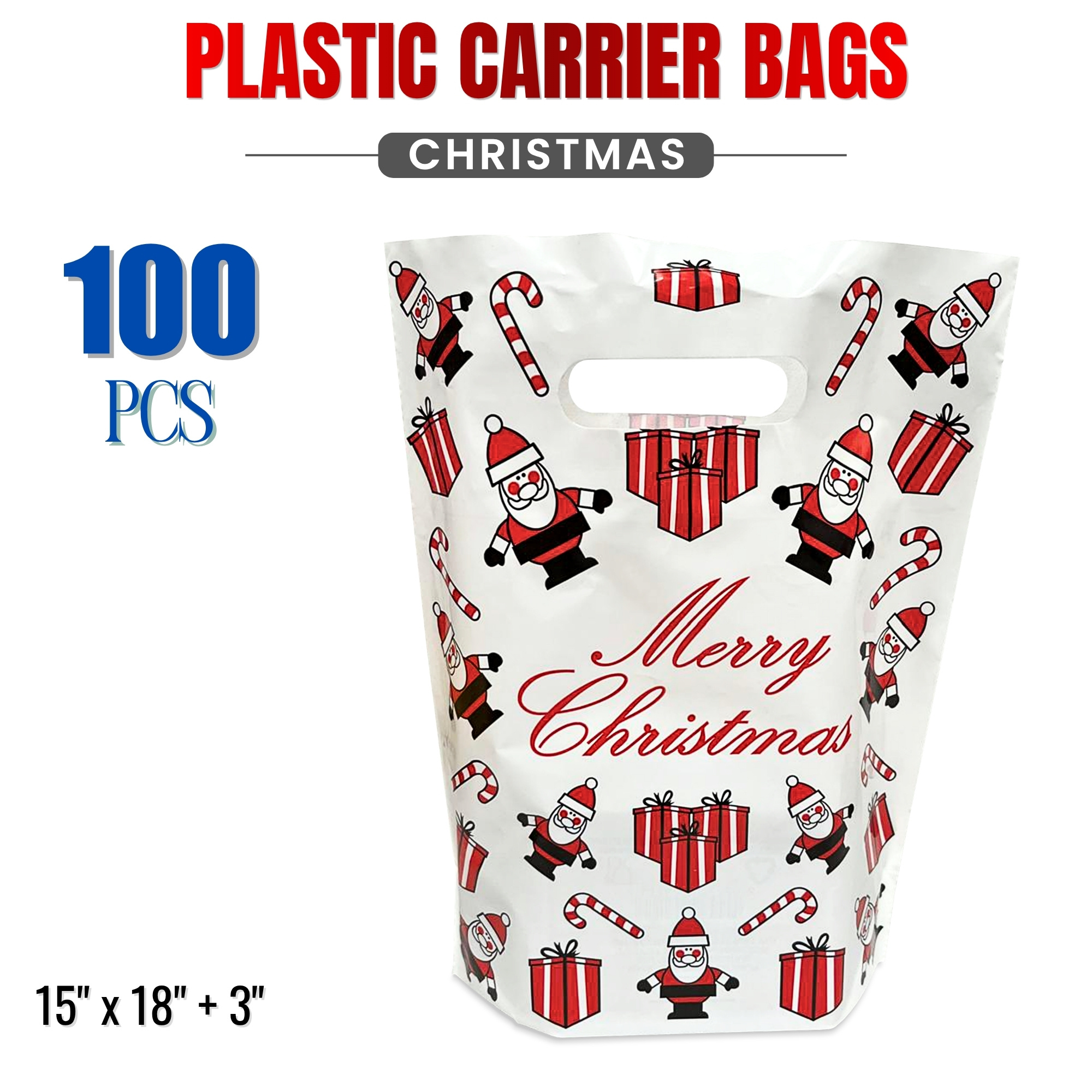 TEMU 100pcs Christmas Plastic Carrier Bags 15"x18"+3" Patch Handel Carrier Bags Handbags - Shopping Gift Bags With Handles, Small Bags Carrier Bags,