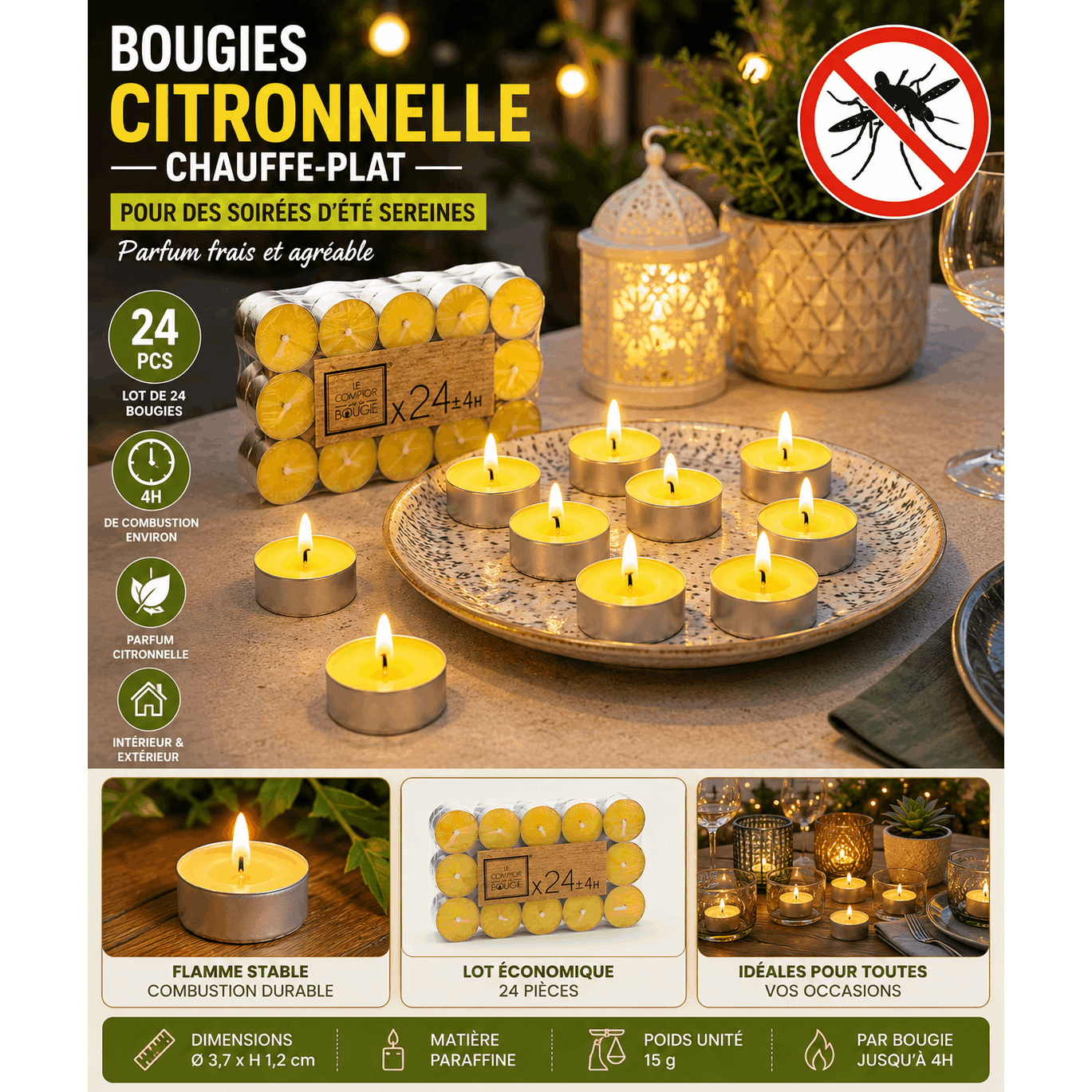 TEMU Lot Of 24 Citronella Scented Tea Lights - Of Burning - Perfumed Candles For Patio, Garden, Balcony And Receptions