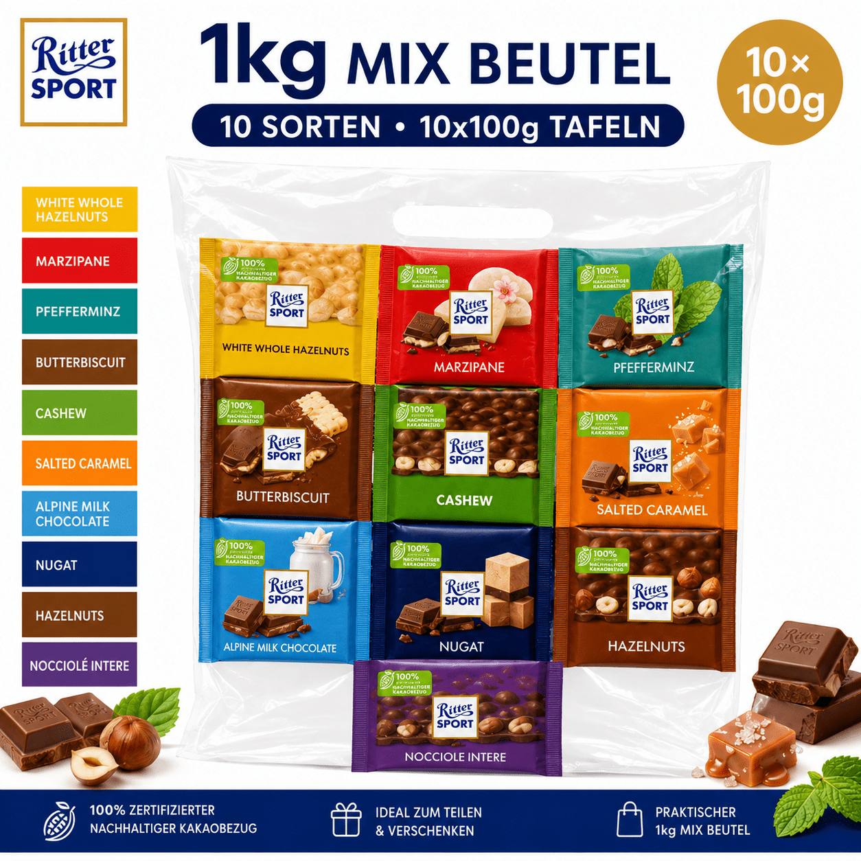 Ritter Sport Colorful Variety In A Practical Set With 1kg Bag, 10 Taffel X 100g