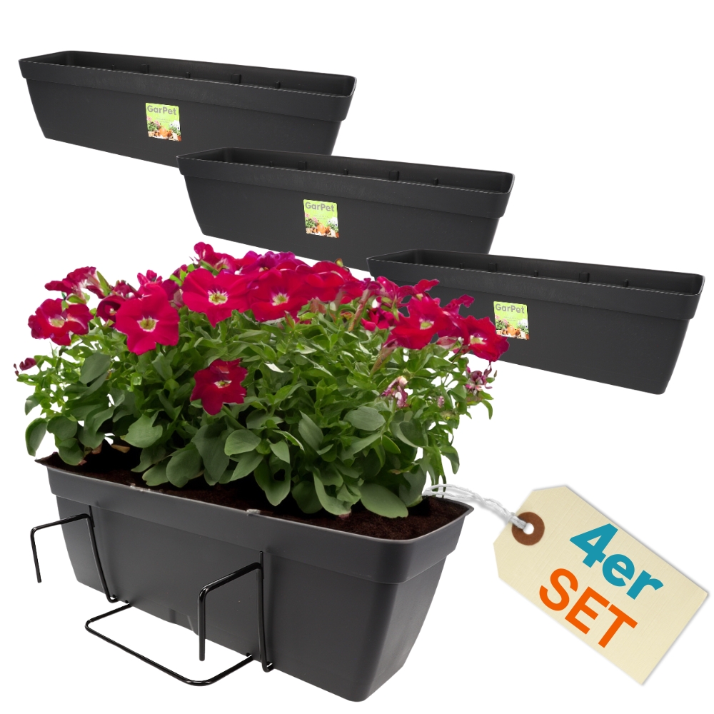 4-piece Set Flower Boxes For Balcony Railings With Brackets And Water Reservoir, 50 Cm