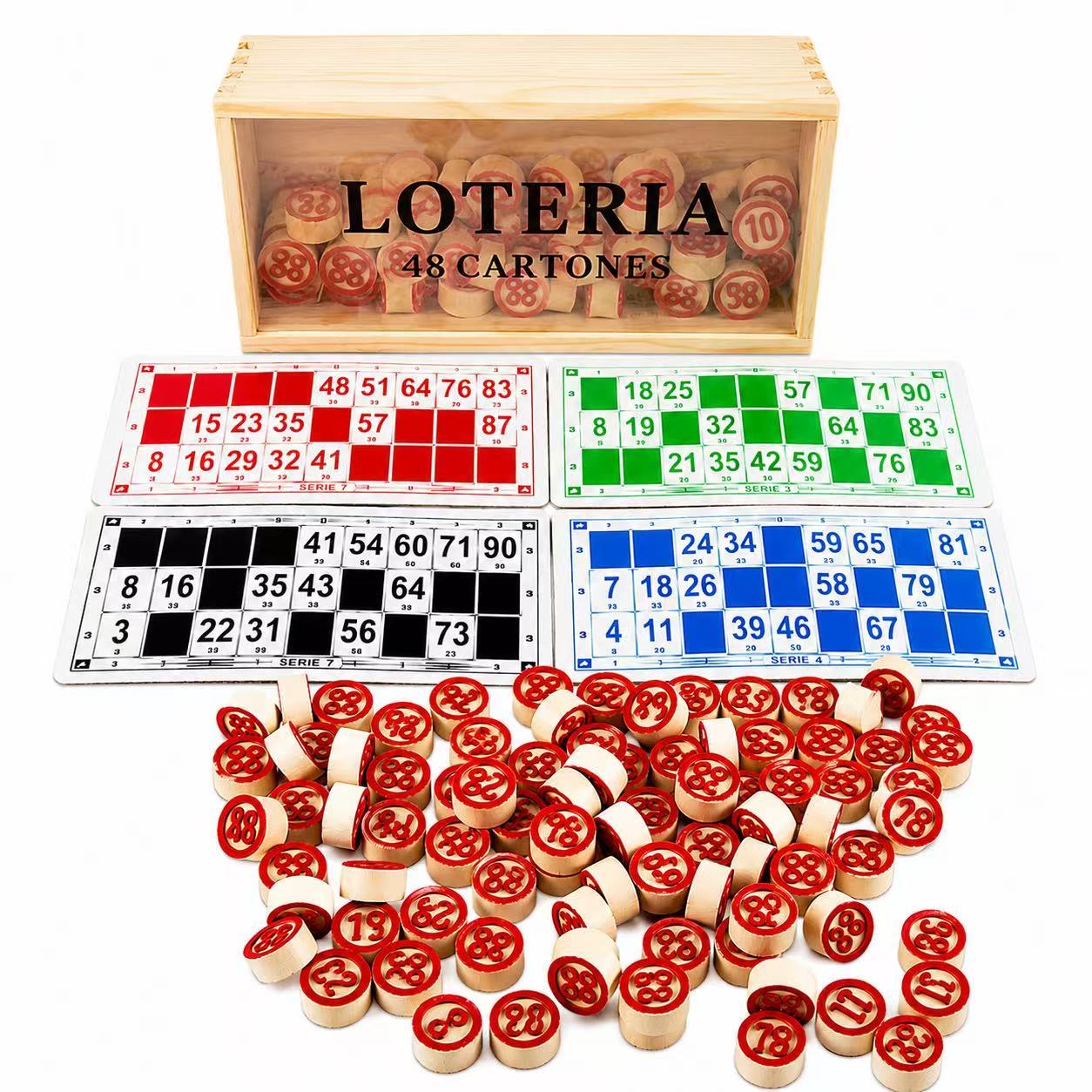 TEMU Juegos de Bingo Lotería 48 Cartones y 90 fichas de 2 con Almacenamiento de madera
