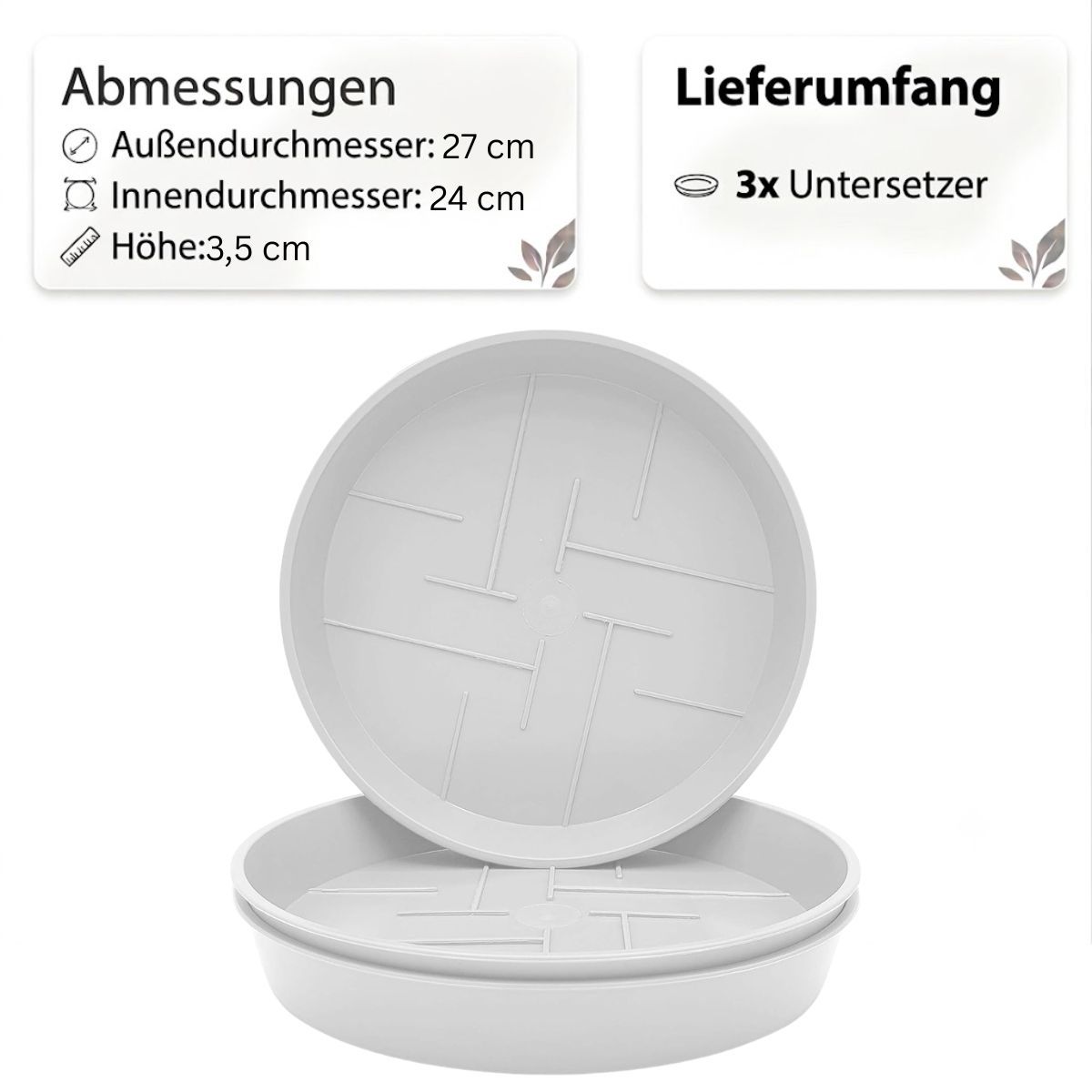 3-piece Set Round Flower Pot Saucers – , White, Sturdy & Easy To Clean, Weather-resistant For Indoor & Outdoor Use, Sizes 12–45 Cm, Perfect For Plant Care, Protects Against Moisture And Dirt