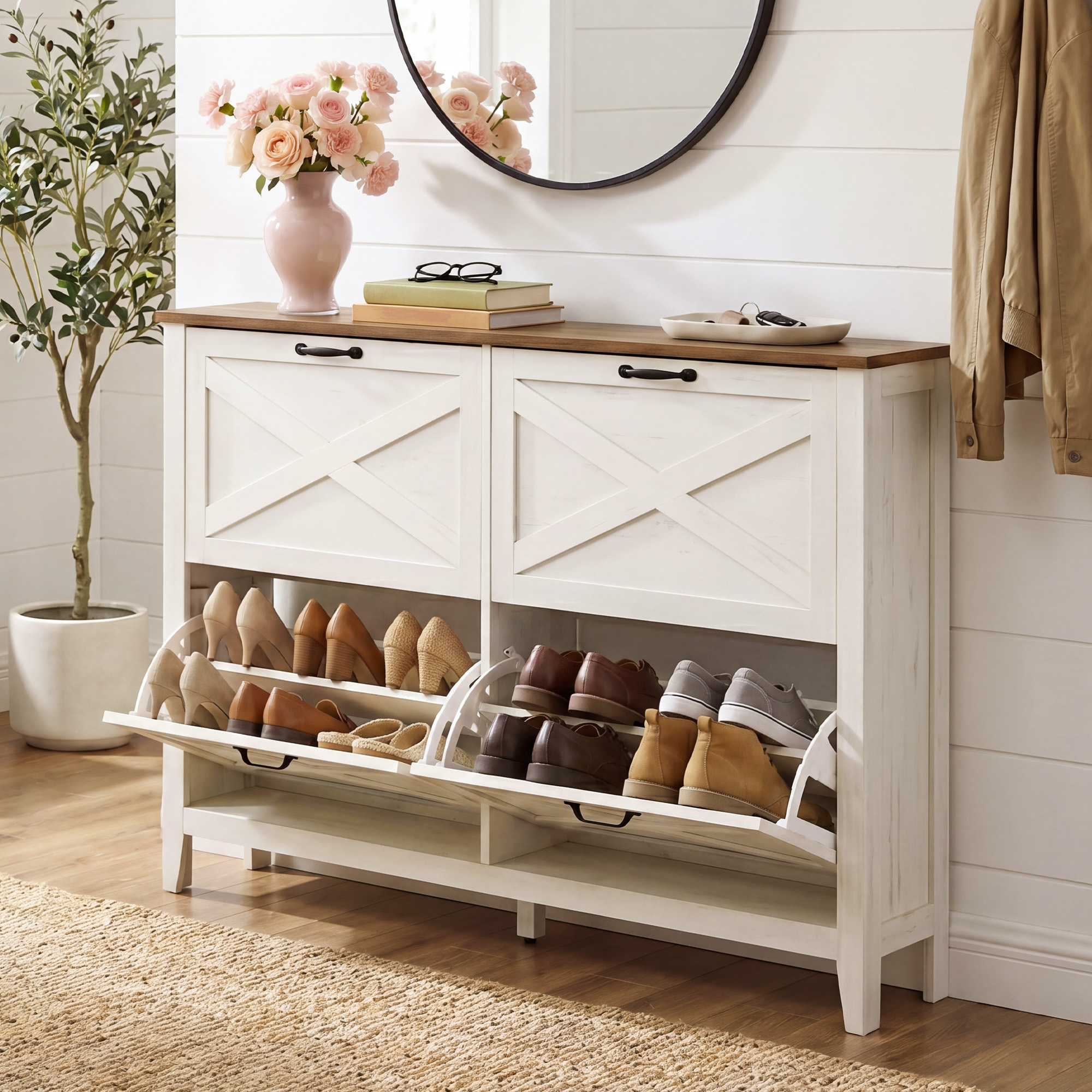 Image of Shoe Cabinet With 4 Flaps, Shoe Rack, Freestanding Narrow Shoe Shelf, 24 X 127 X 86.8 Cm, White