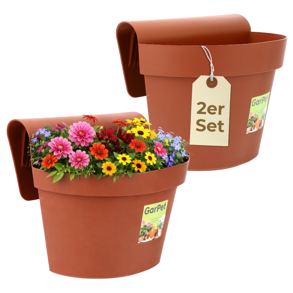 Image of 2-piece Set Balcony Railing Planter With Water Reservoir, Flower Pot, Fence Planter Box, Railing Planter, Balcony Planter, Flower Box, Balcony Railing, Terracotta
