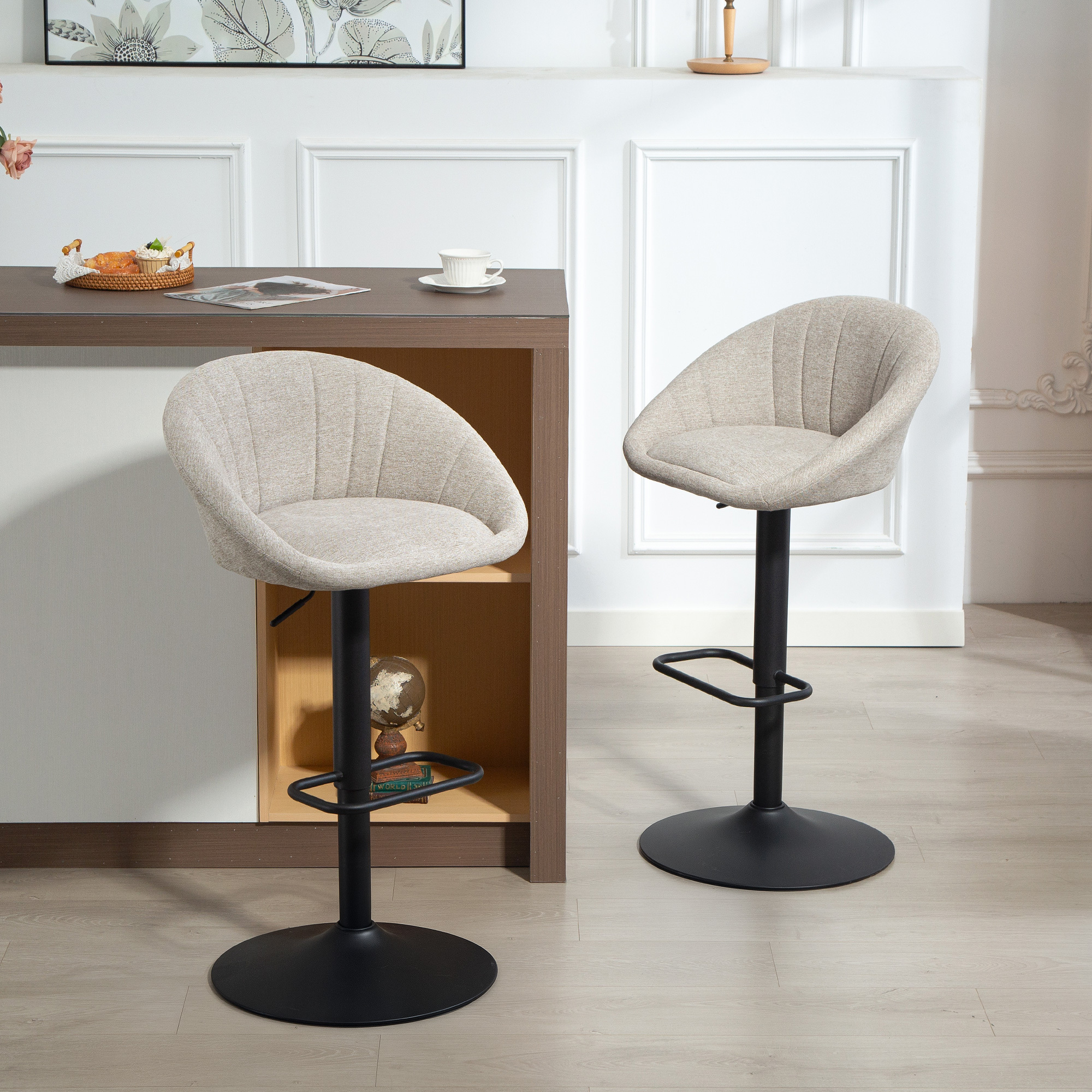 Image of Set Of 2 Swivel Bar Stools With Armrests And Backrest, Height-adjustable Kitchen Chairs With Steel Footrest, Linen Look, Counter Height Stools For Kitchen, Living Room, Dining Room, Beige
